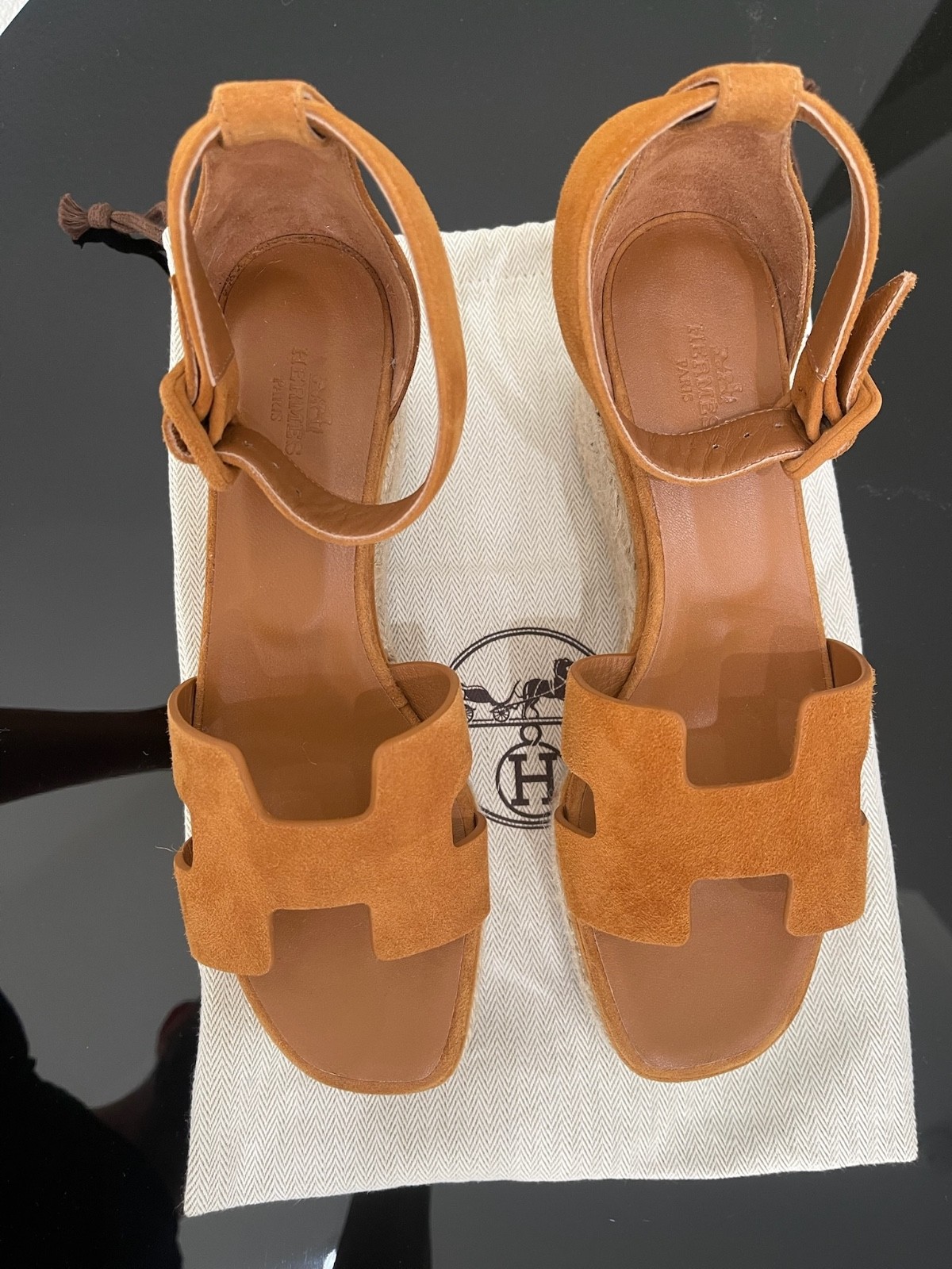 Hermès Elda Espadrille NIB Wedge Sandals Naturel Suede Goatskin Size 37 New Box