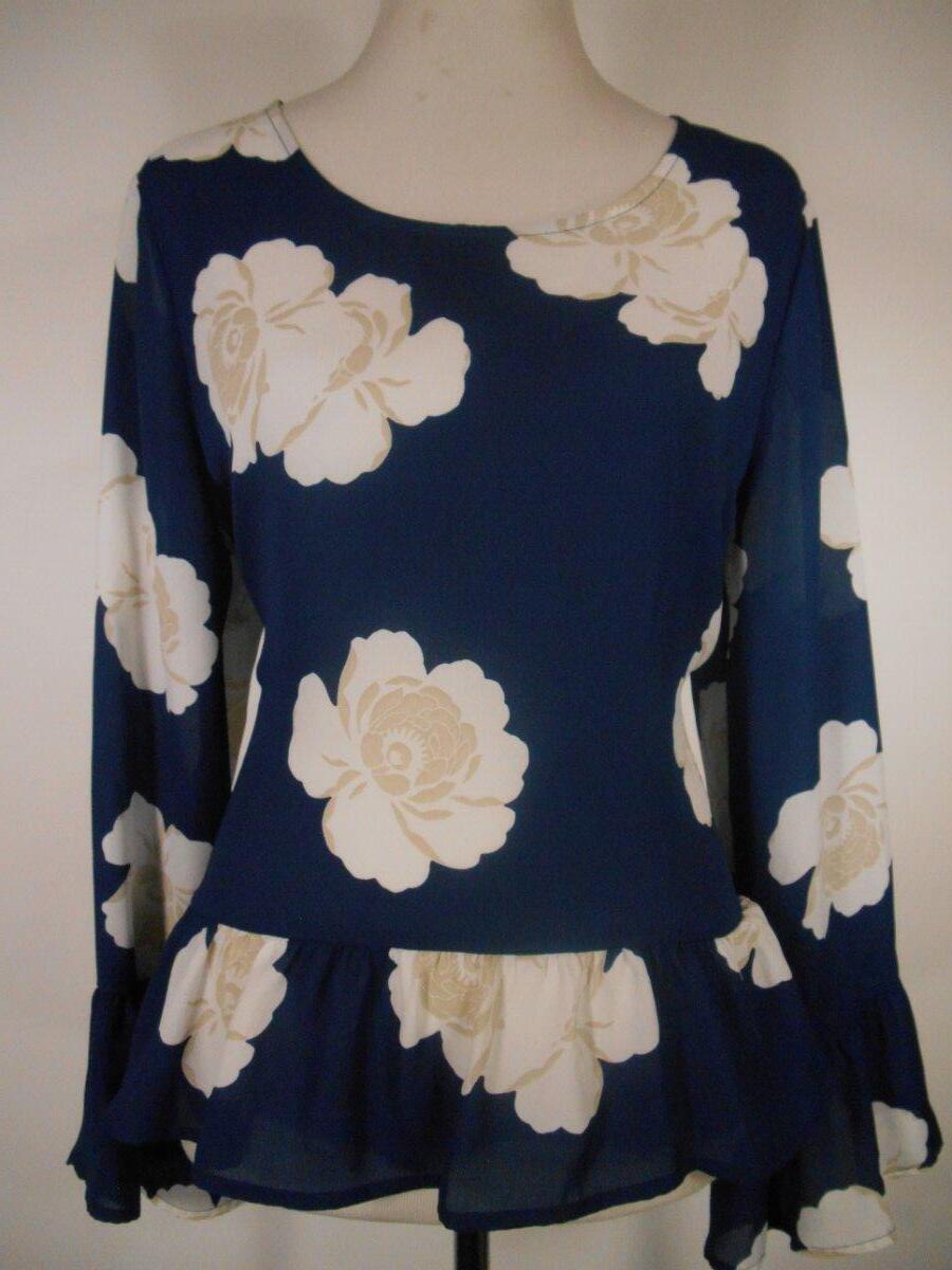 Beautiful Women’s Large A.N.A Blue Floral Design Long Sleeve Blouse – Ruffle Hem