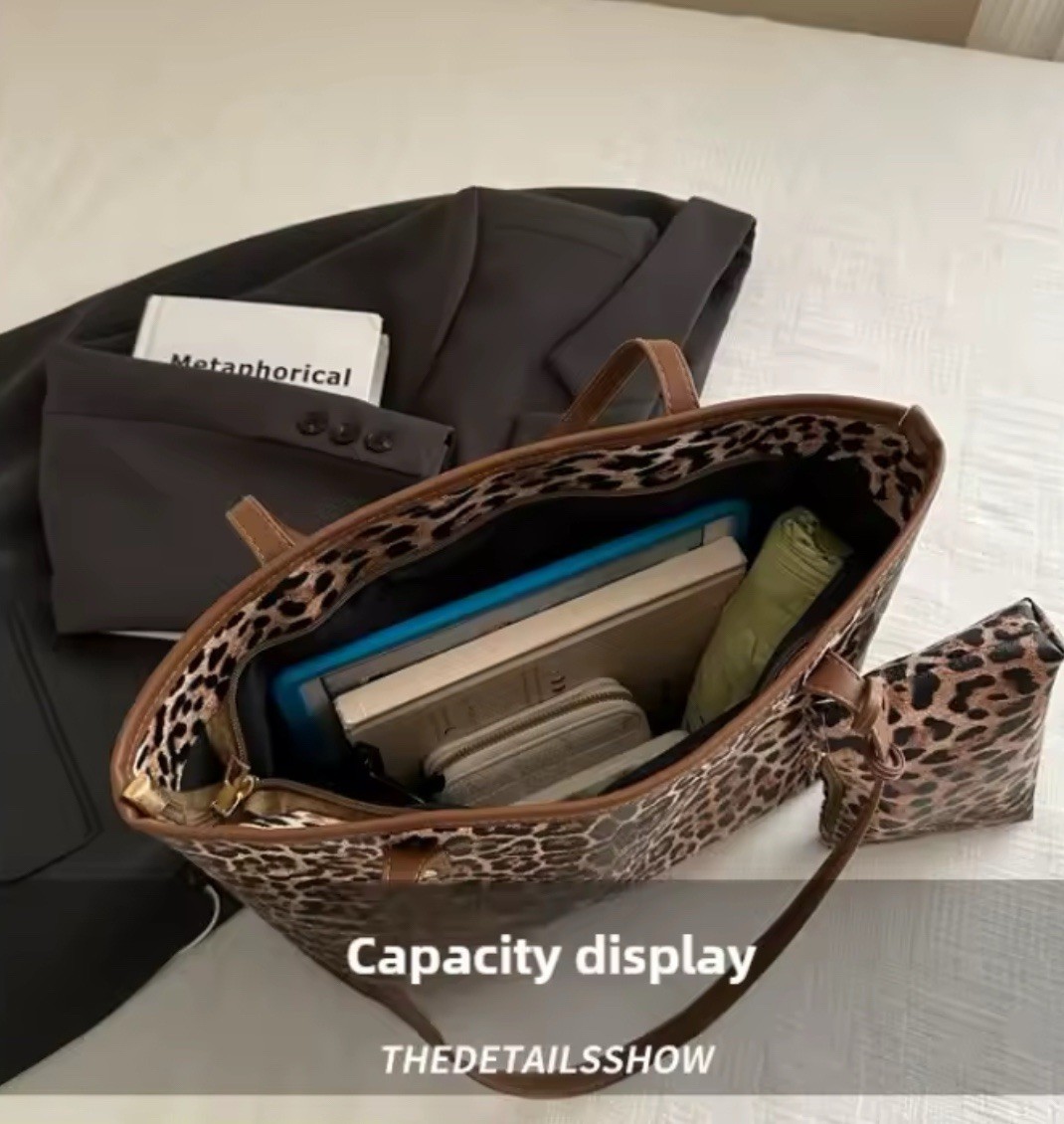 2 Set Women Leopard Print Tote PU Shoulder Bag Large Capacity