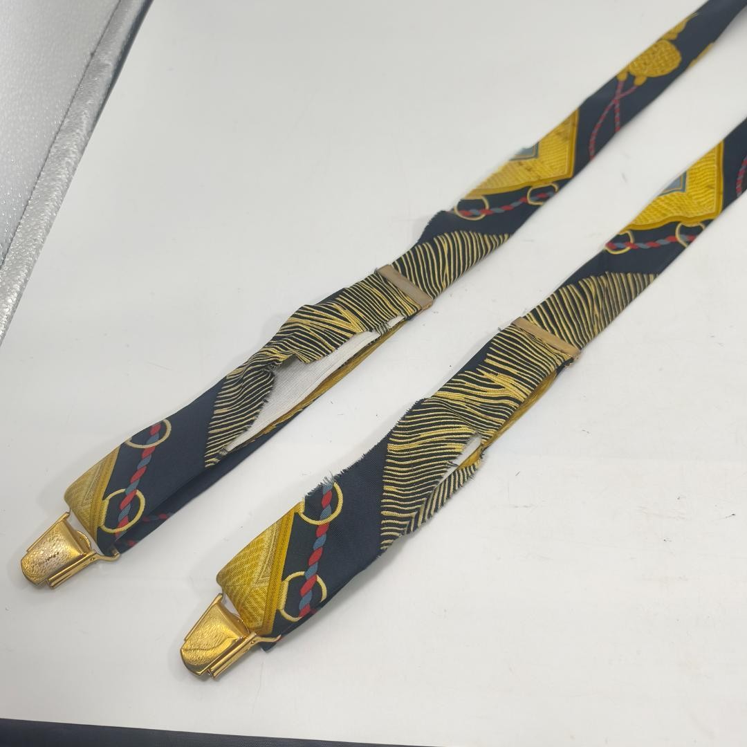Hermes Paris Silk Suspenders Black Multicolor All Over Pattern Length 82cm w/Box