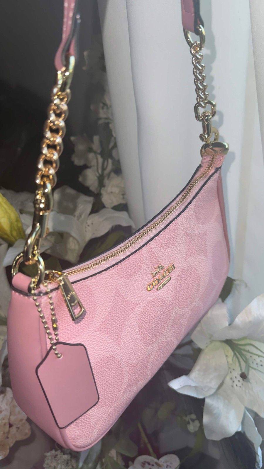 Coach Teri Shoulder Crossbody Bag Pink Signature Canvas Gold Hardware Purse