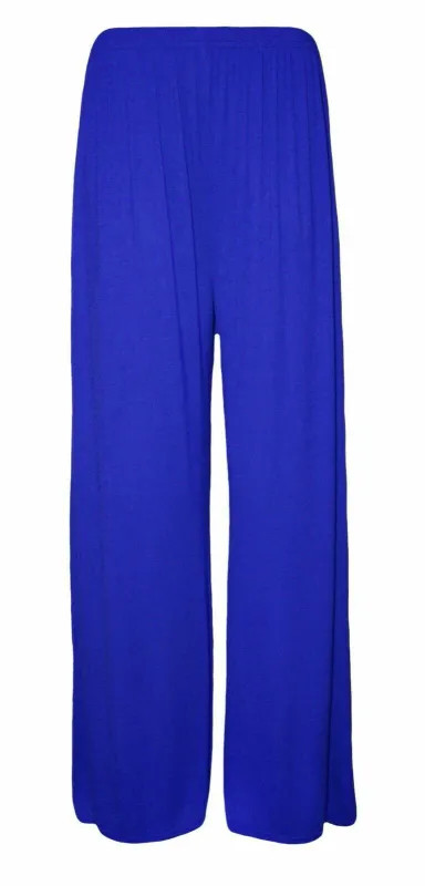Ladies Palazzo Wide Leg Flared Elasticated Stretch Plain Trousers Womens Wide UK