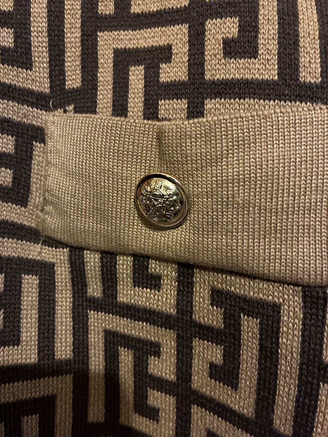 Balmain Geometric Monogram Knit Cardigan Brown Black Gold Buttons