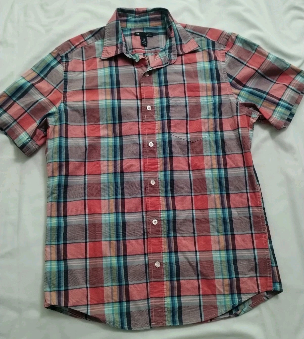 EUC MEN GAP MULTI COLOR PLAID SLIM-FIT BUTTON COTTON SHORT SLEEVE DRESS SHIRT M