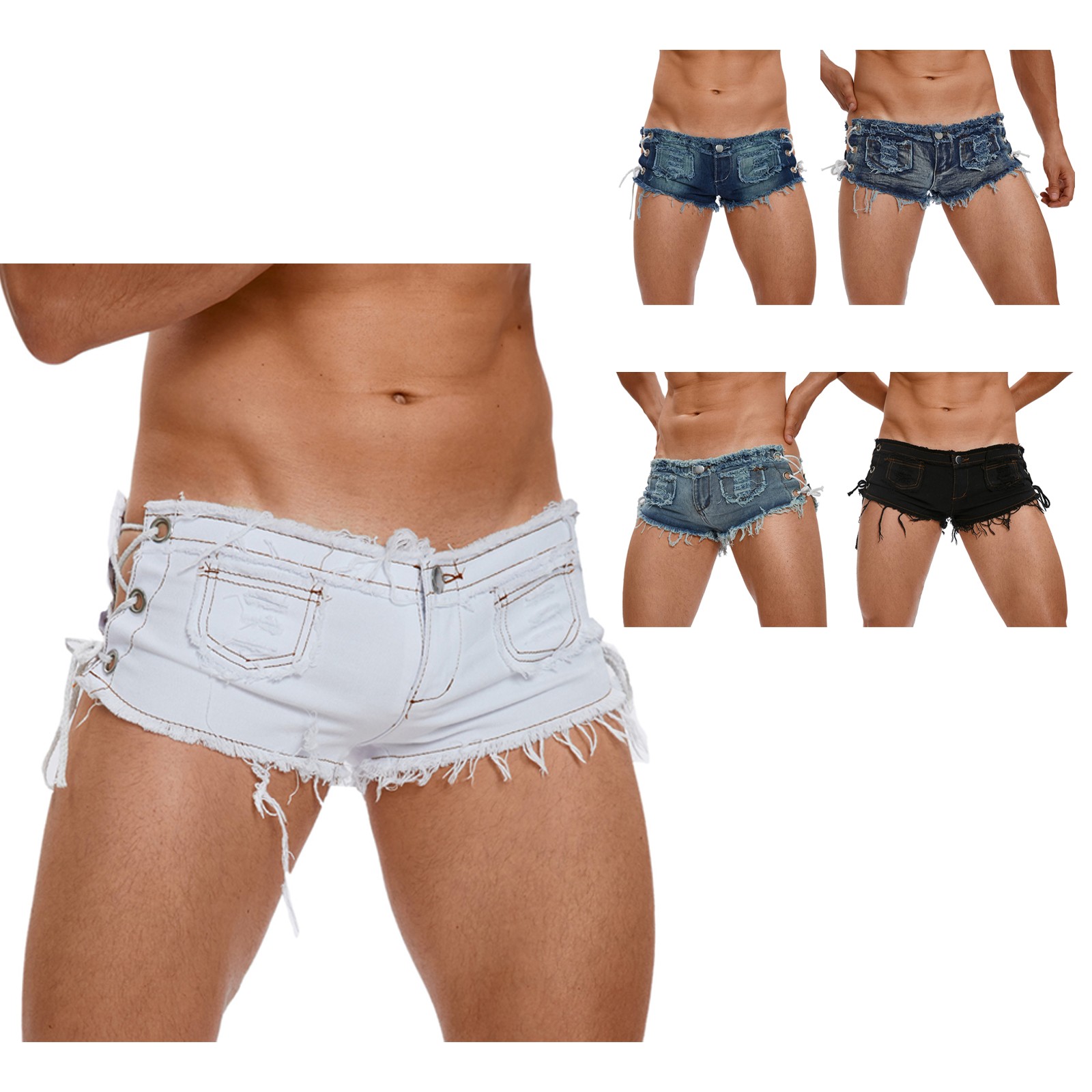 US YiZYiF Men Cut Off Low Rise Denim Ripped Shorts Distressed Side Tie Clubwear
