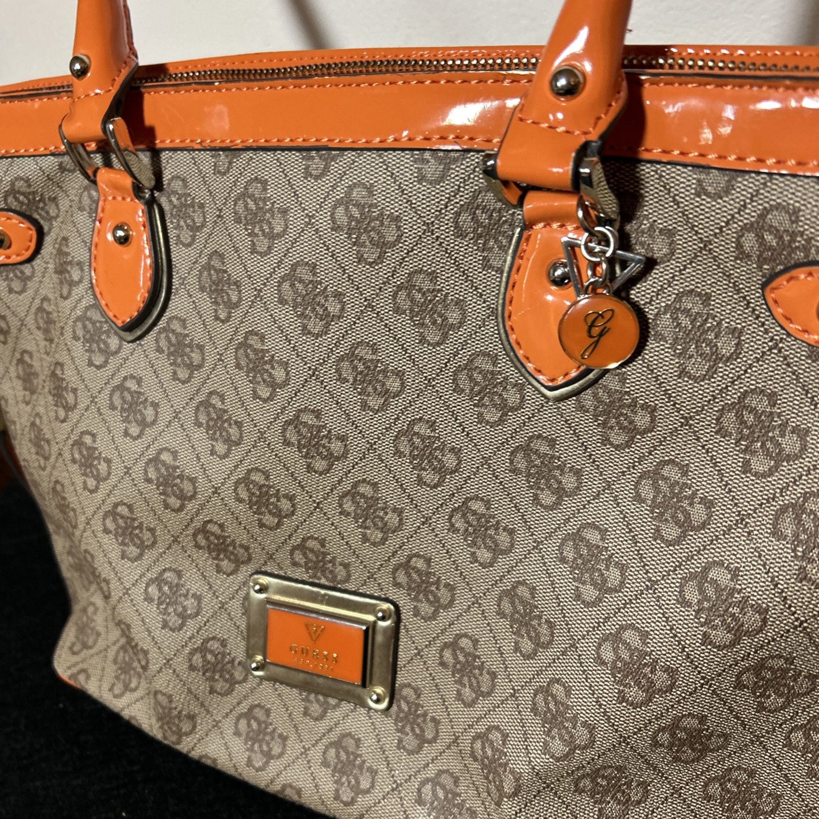 Guess Taupe Monogram Double Orange Handle Tote