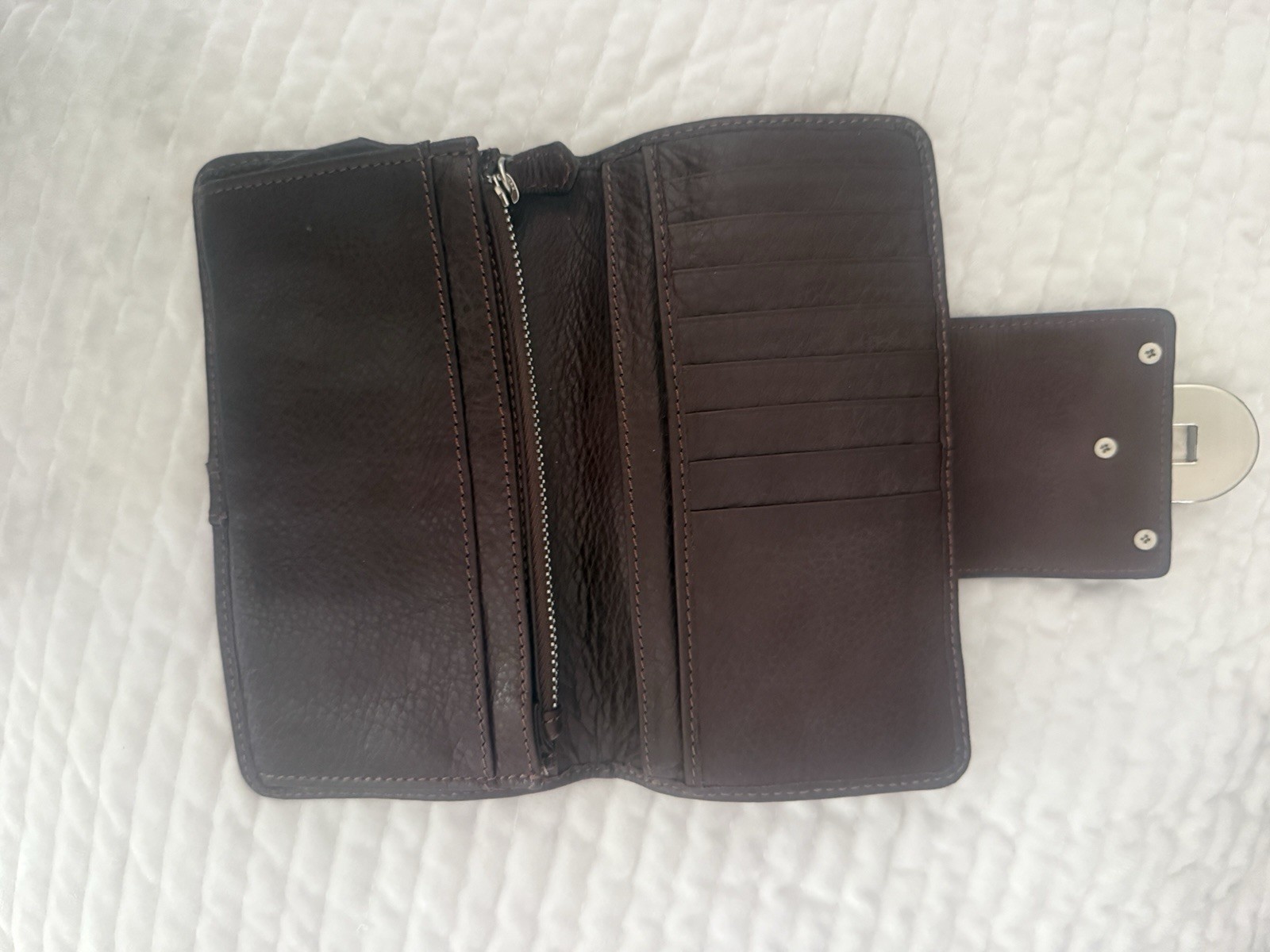 B. Makowsky Women’s Brown/Silver Checkbook Wallet Logo Buckle Folding Credit