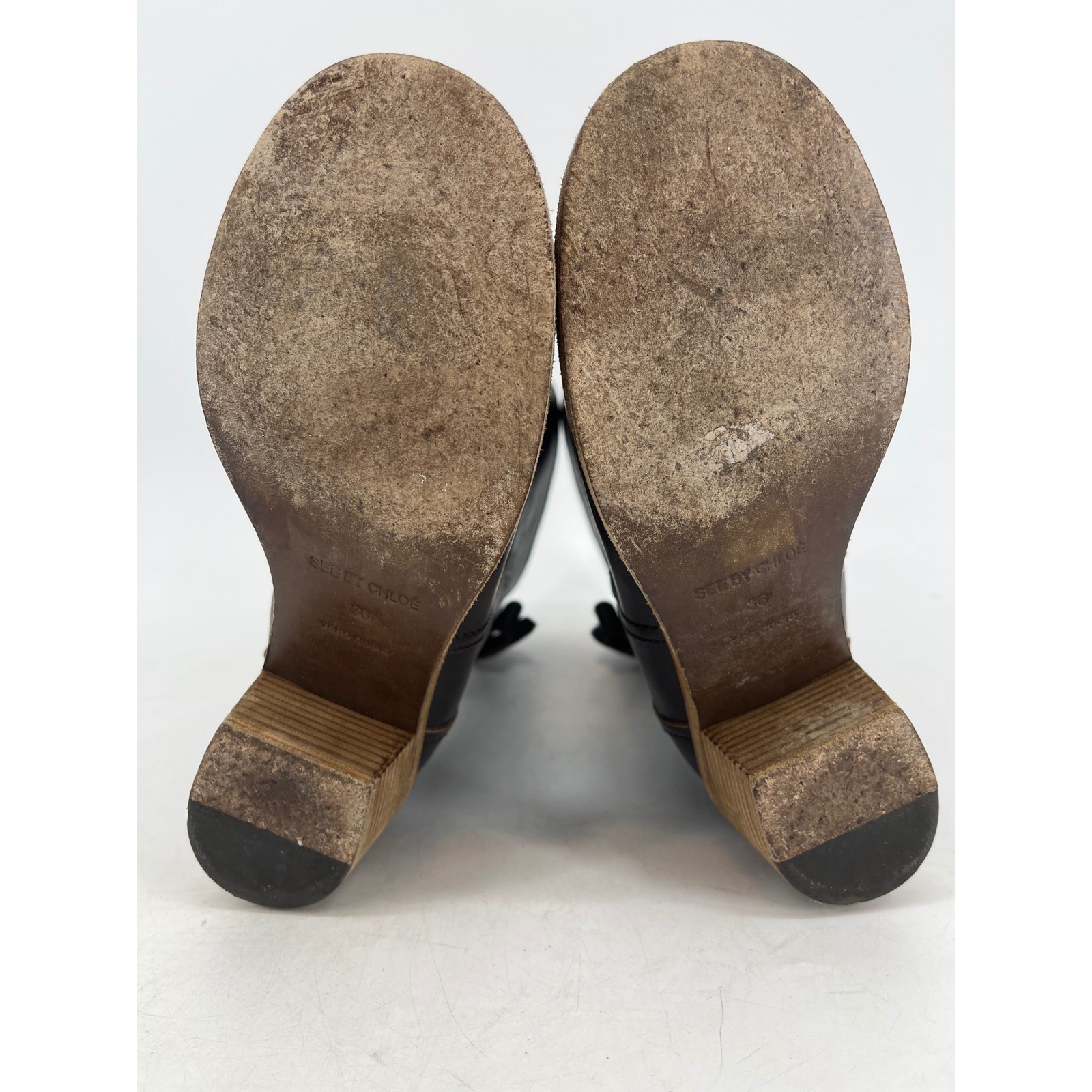 See by Chloe Tall Leather Boots Women 36 Dark Brown Good Bow Detail Block Heel