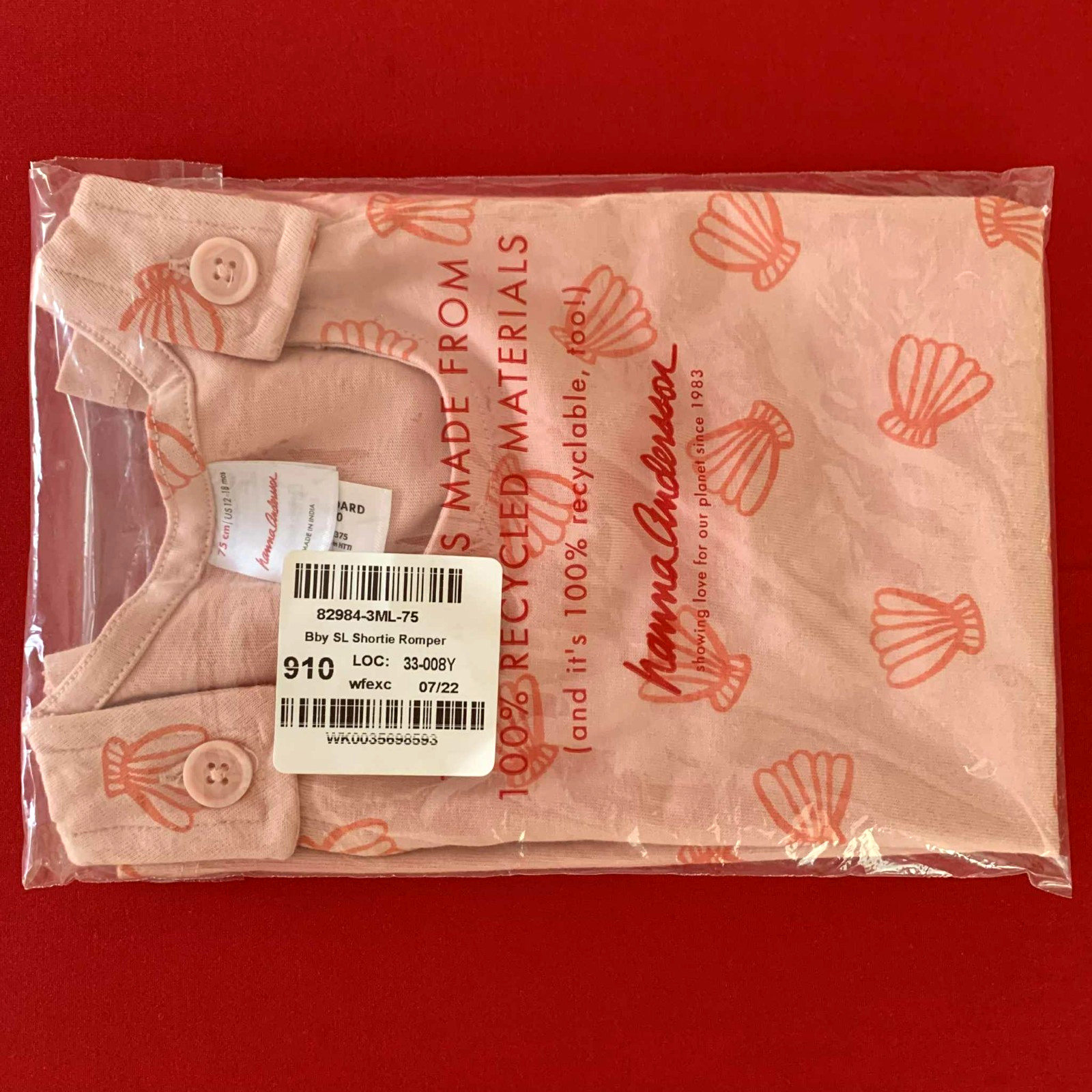 Hanna Andersson Pink Cotton Shortie Romper. Size 12–18 Months, 75 cm