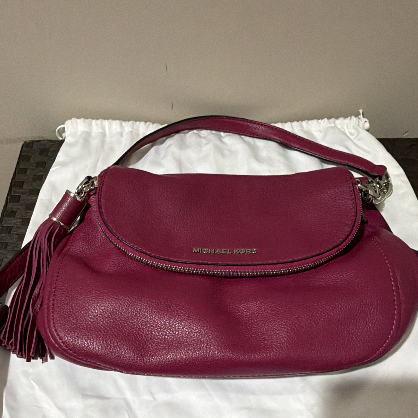 Michael Kors Burgundy Pebbled Logo Crescent Shoulder Bag Tassel Zip Pockets