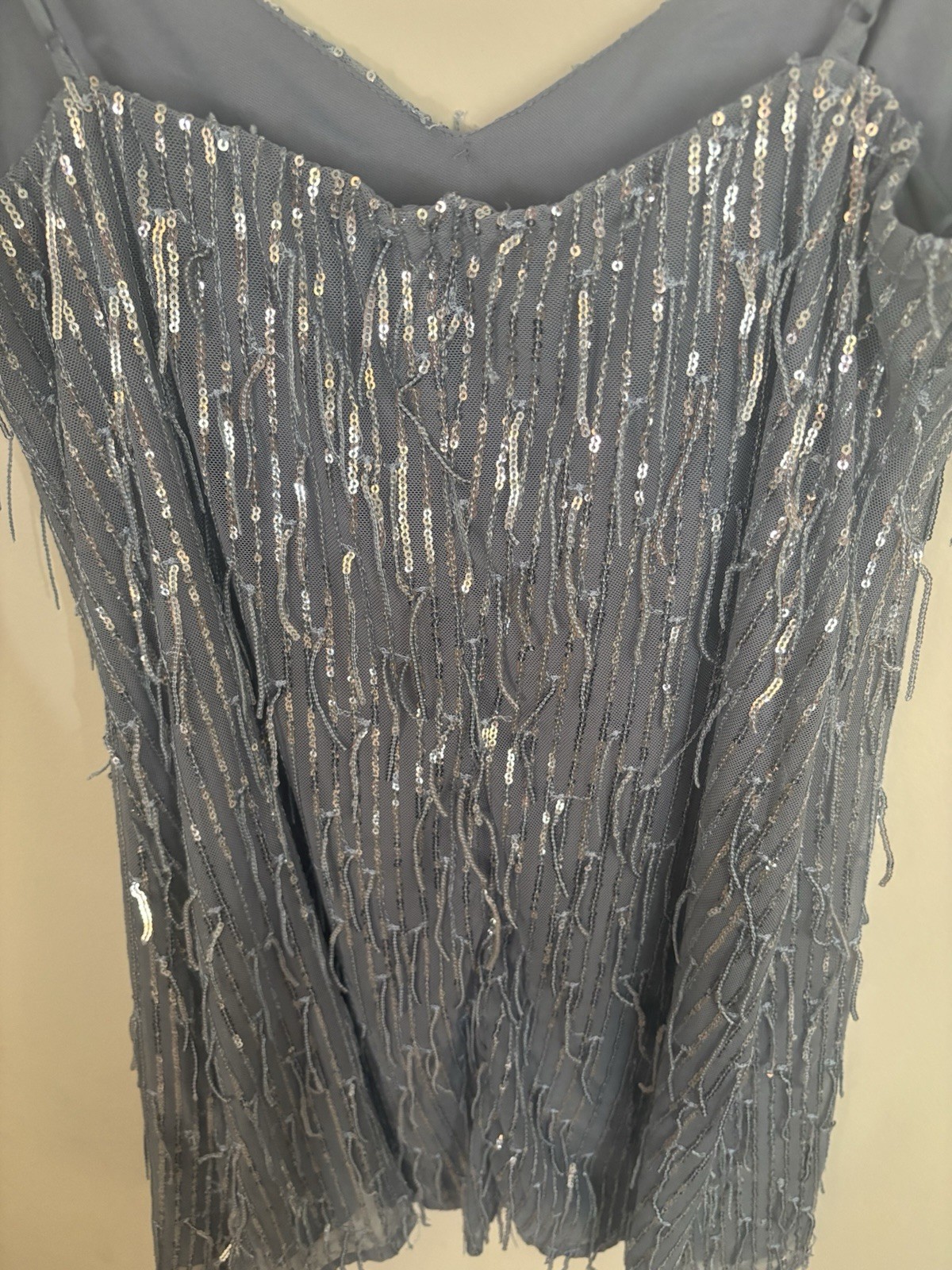 Blue Sequin Fringe Mini Dress Spaghetti Strap V-Neck Party Size L
