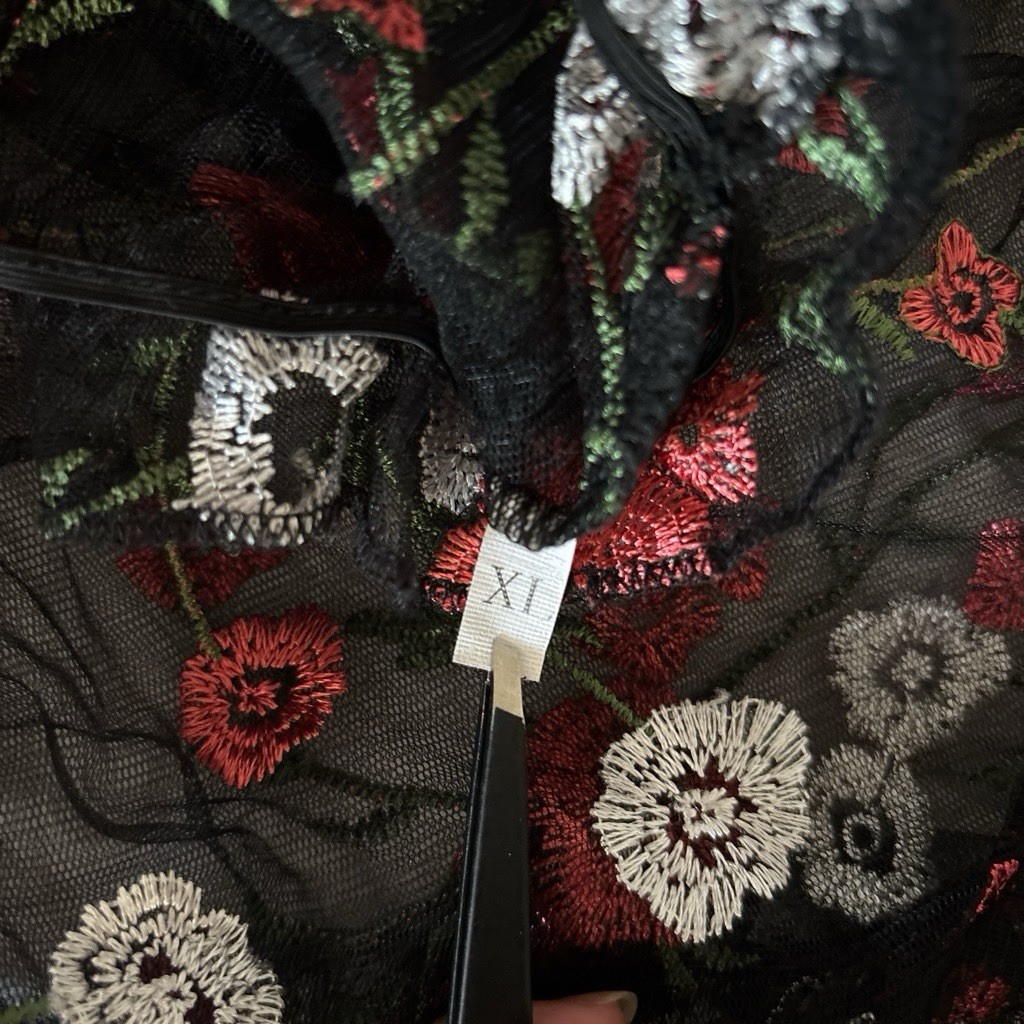 Women’s Black Sheer Mesh Floral Embroidered Square Neck Puff Sleeve Crop Top XL