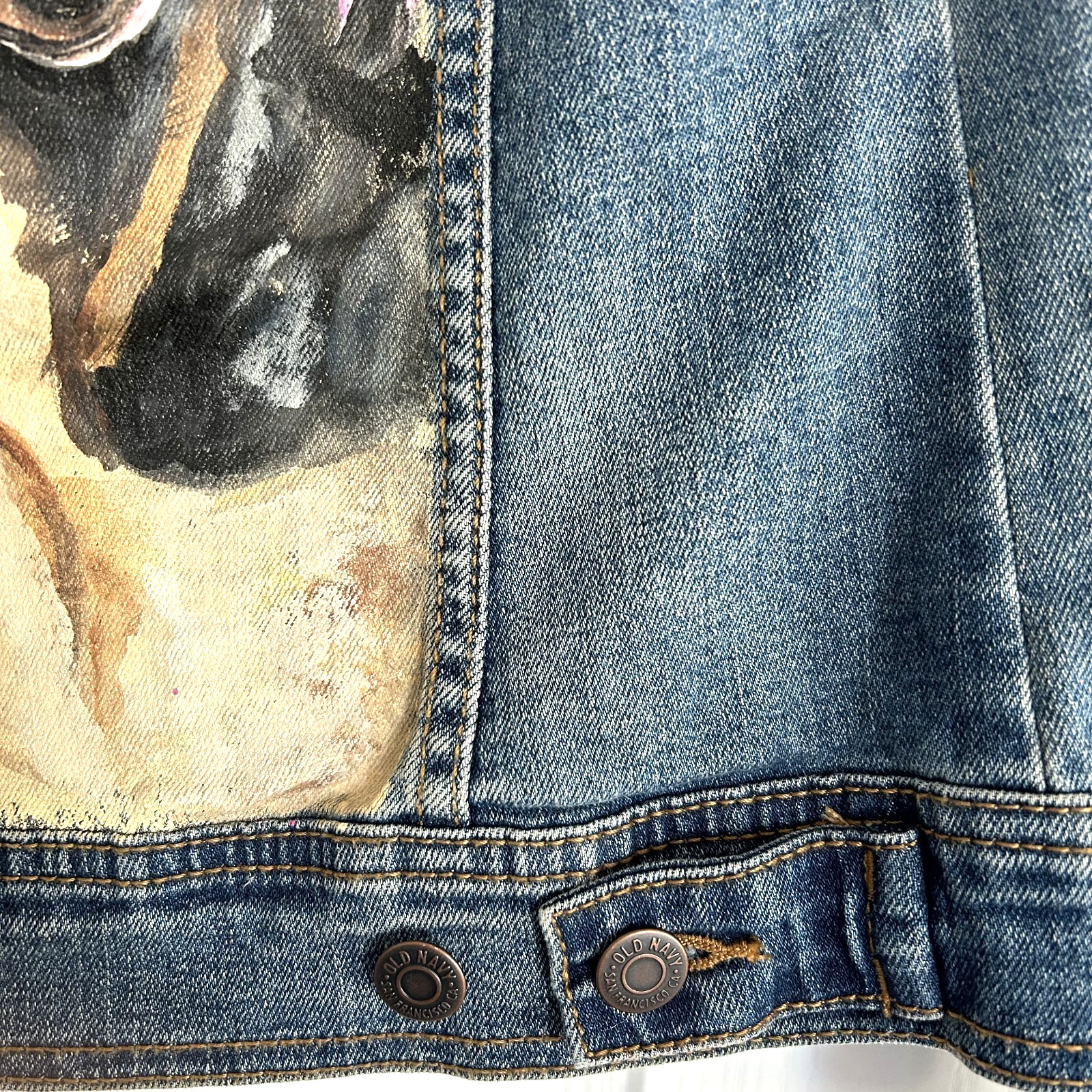 Hand Painted Pug Dog Jean Jacket Womens XS Denim Art to Wear OOAK New w/Tags