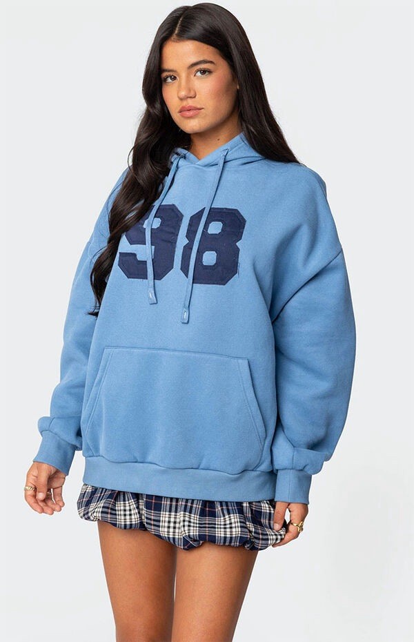 RARE BLUE Edikted 98 Hoodie Sweatshirt Women’s Size Small Oversized “98” Patch
