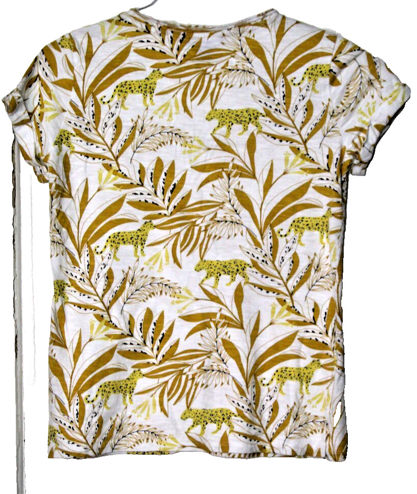 CHELSEA & THEODORE TEE SHIRT woman size XS gold white leopard print short sleeve