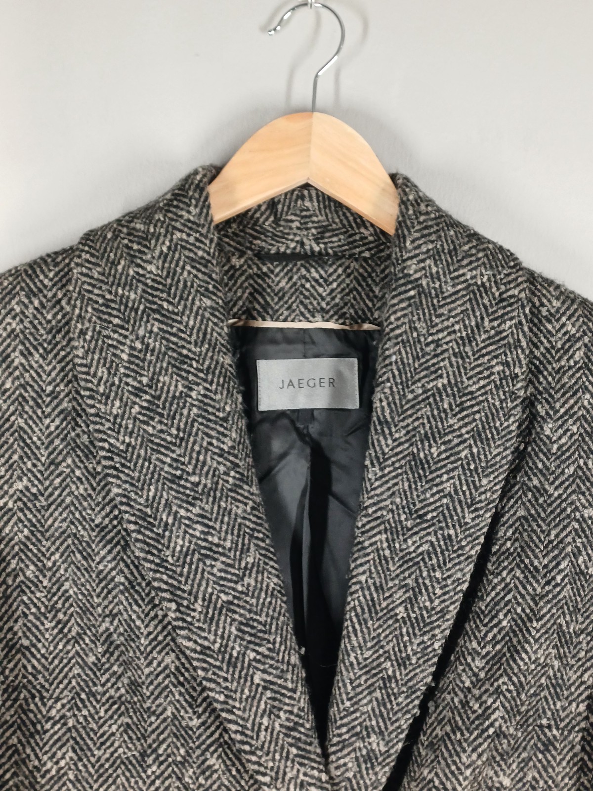 Jaeger Jacket Womens UK 12 Beige/Black Virgin Wool Cashmere Herringbone Blazer