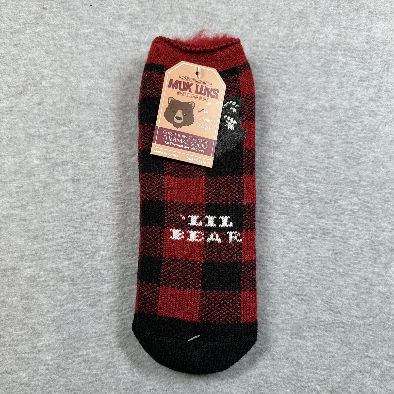NWT Muk Luks Lil Bear Children’s Thermal Socks 10-3 Red Black Plaid 1 Pack