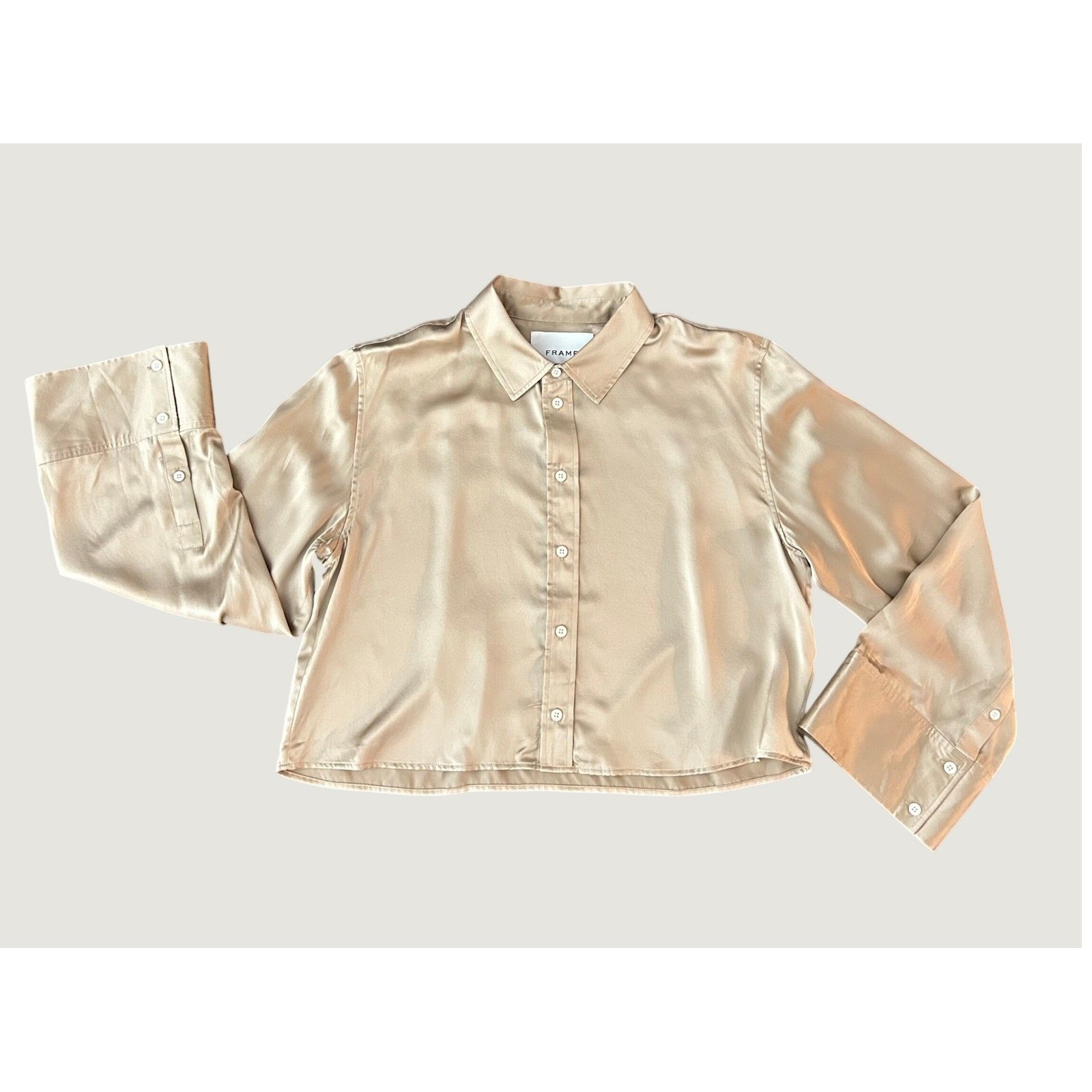 FRAME Khaki Tan 100% Washable Silk Cropped Button Down Shirt LWSH2823 Small 1344
