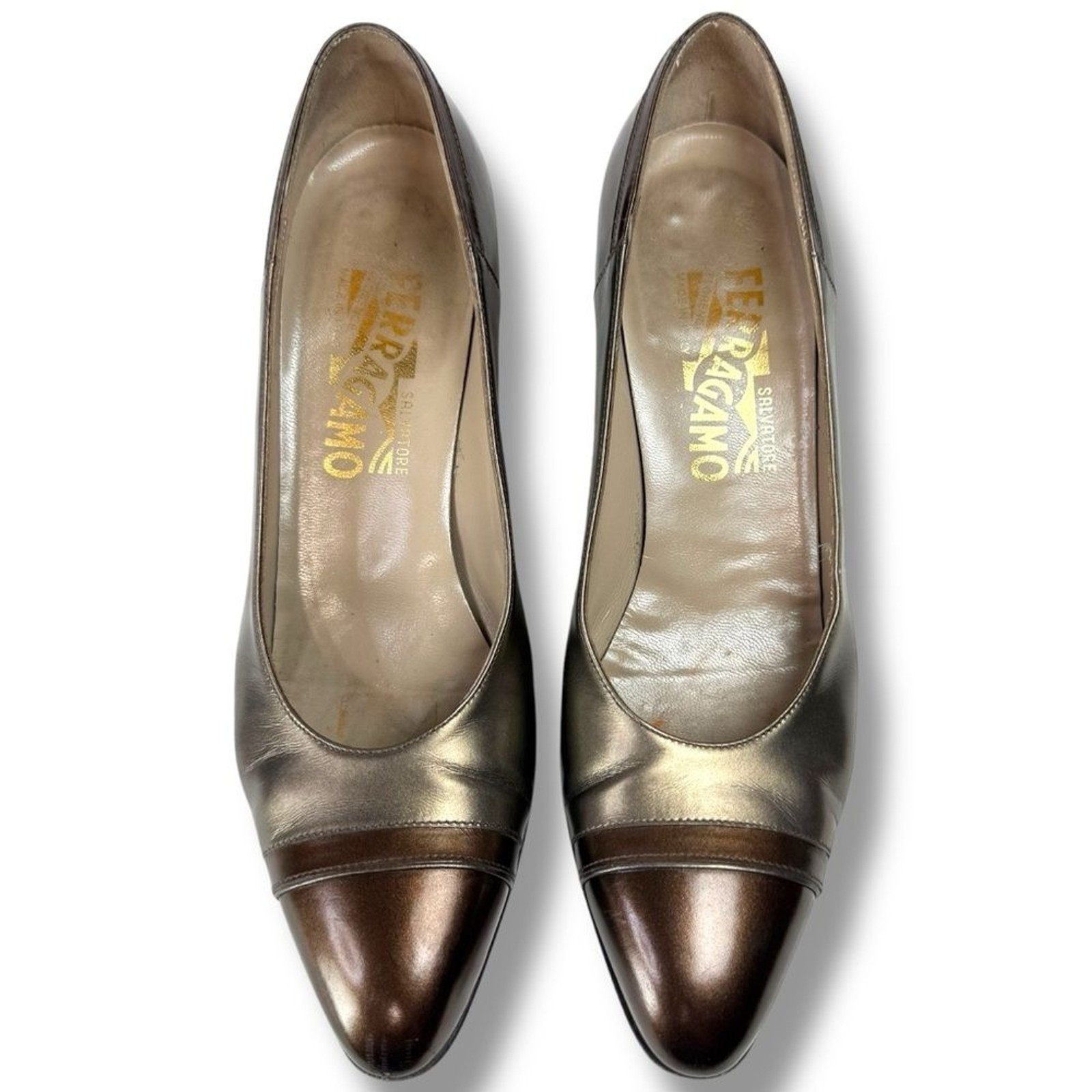 Salvatore Ferragamo Italian Leather Pumps Bronze Luxury Heels 6.5 AA Narrow