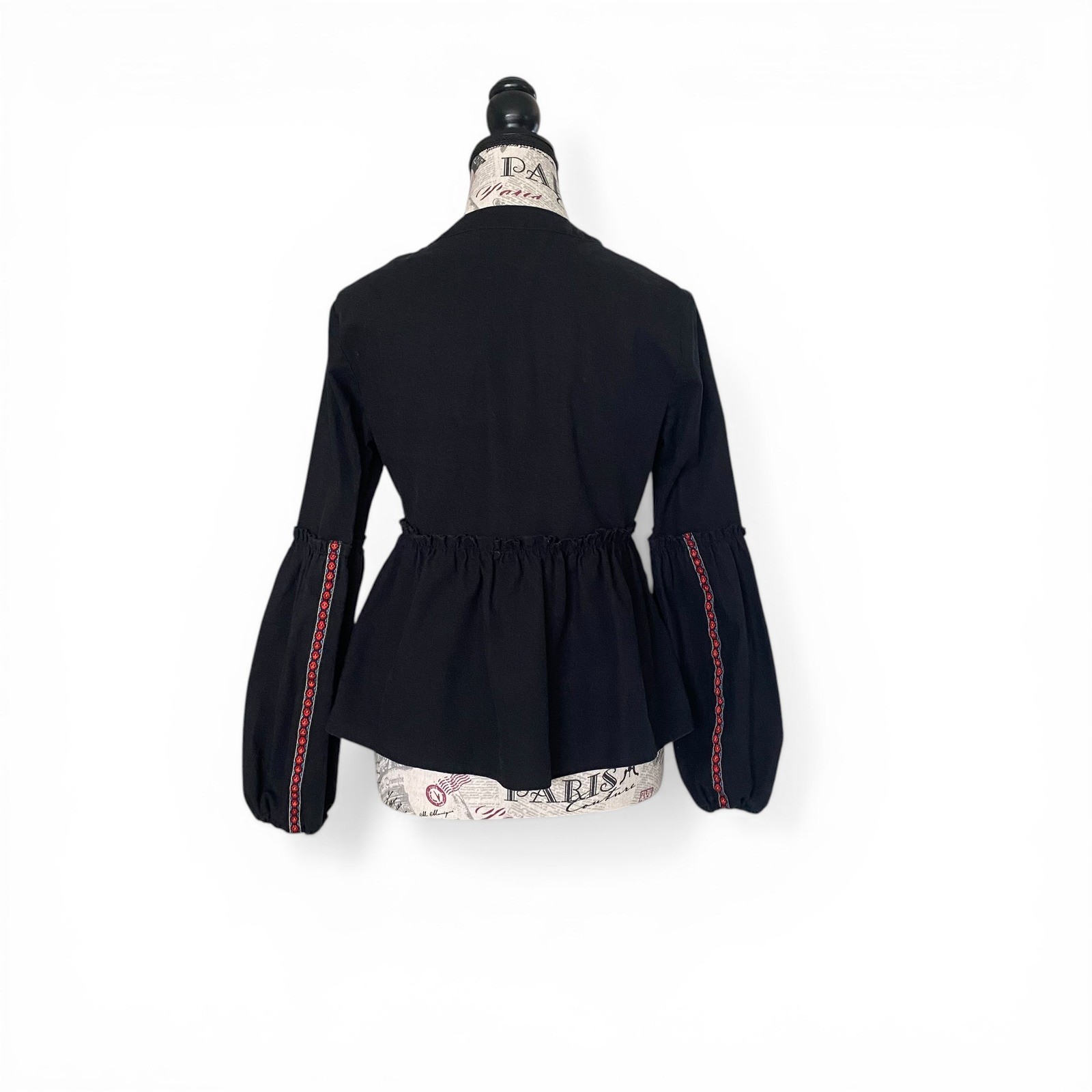 Catch Stitch Jacket Womens Medium Black Embroidered Lantern Sleeve Boho