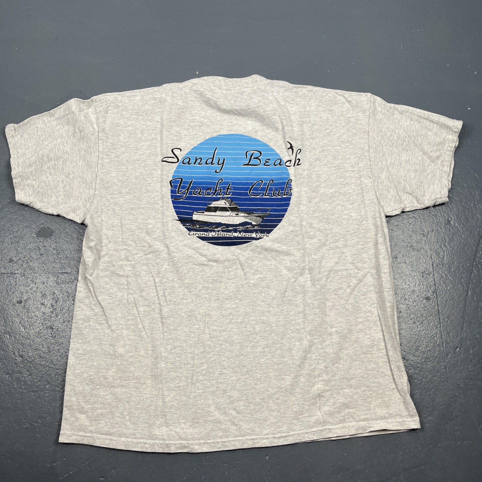 Vintage 90s Sandy Beach Yacht Club Tshirt Dbl Sided Grey XL VTG Casual Summer