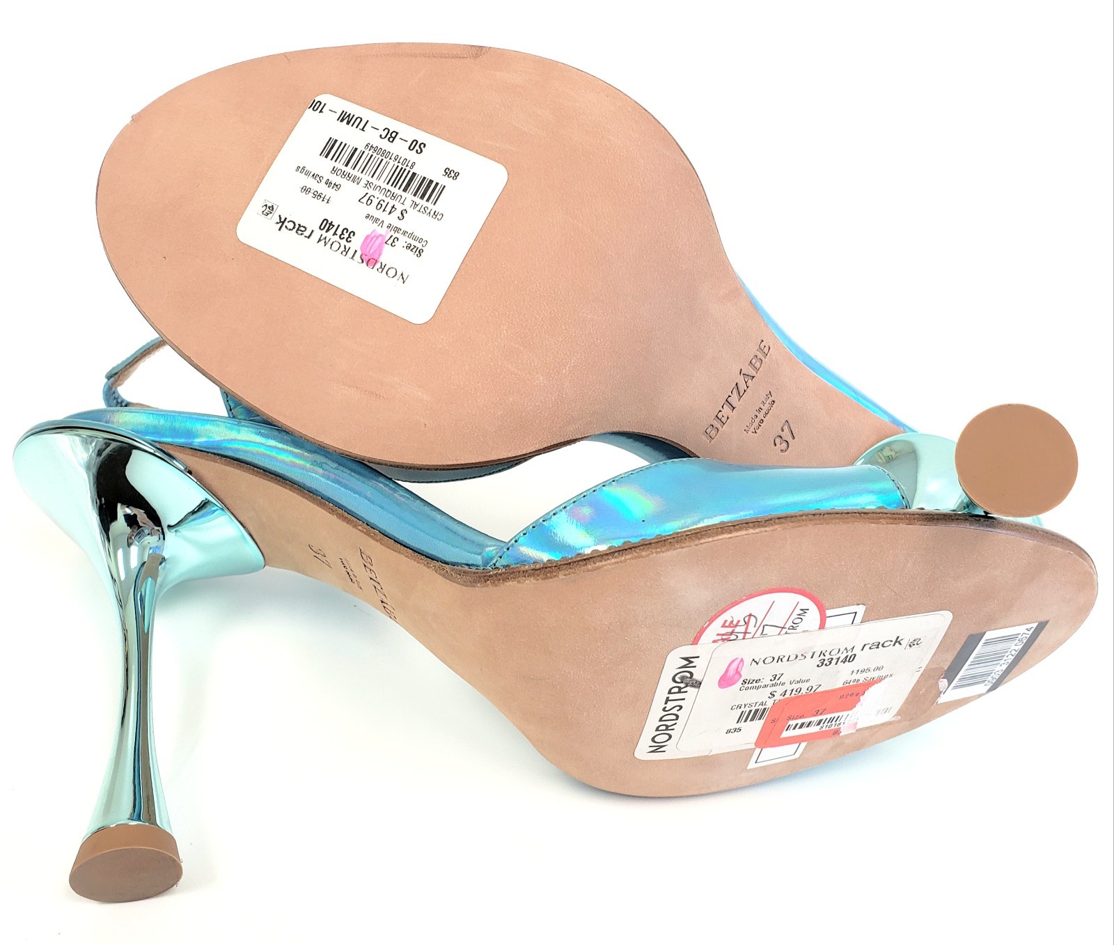 BETZABE Womens Crystal Mirror Slingback Heel Sandal Turquoise Size 37 / US 7