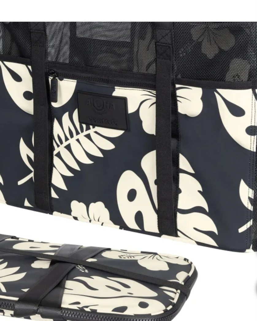Aloha Collection CleverMade Floral Print Shoulder Tote Black White Zip Closure