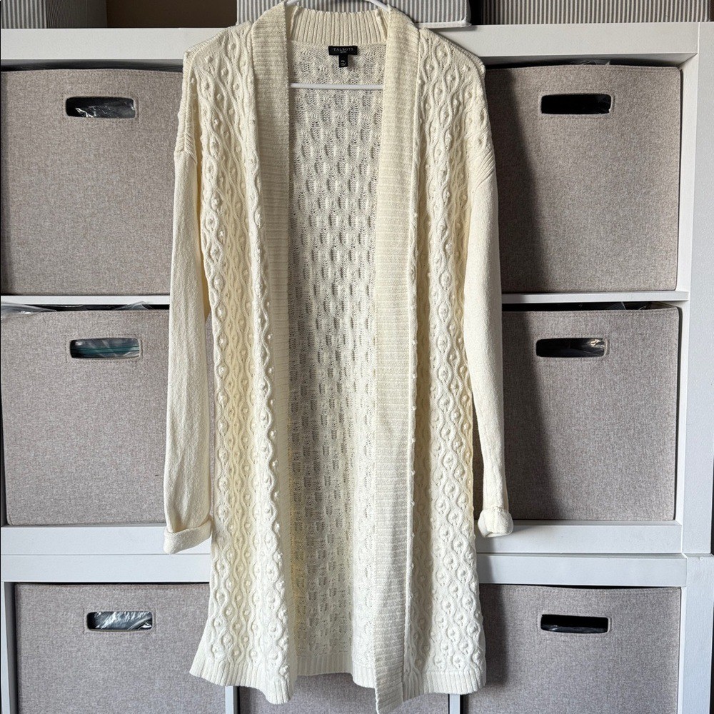 Talbots Cable knit Open Front Long Line Split Hem Cashmere Blend Cream Chunky MP