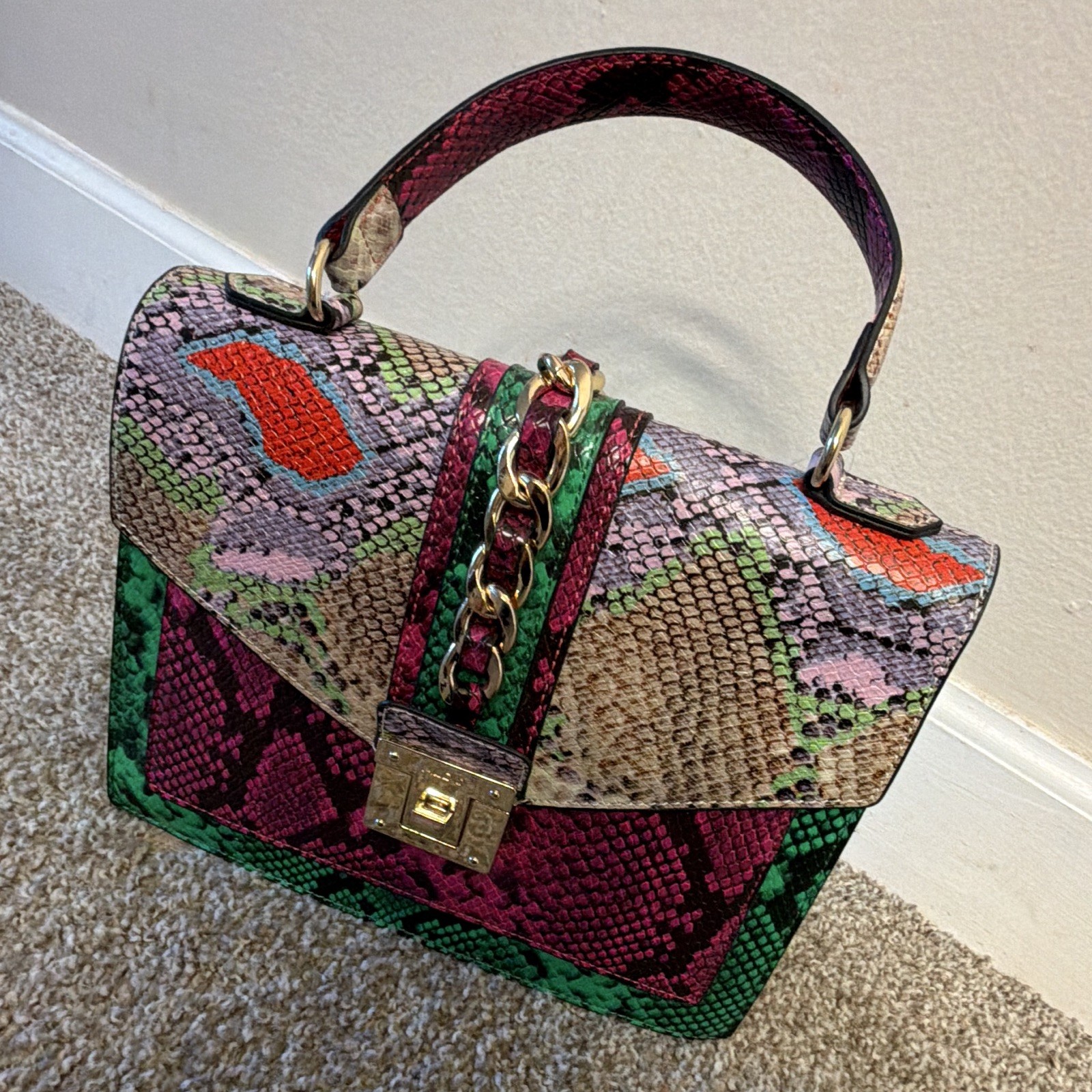 Women’s Multicolor Snake Print Satchel Top Handle, Gold Tone Chain Turn Lock