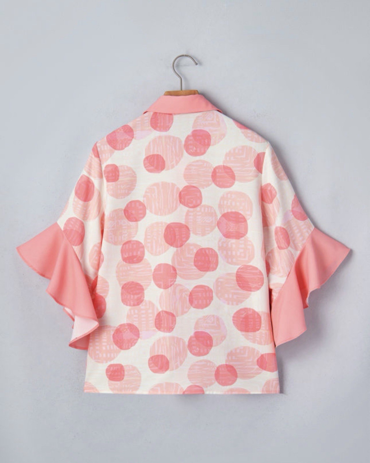 Pink Double Polka Dot Ruffle Trim Babydoll Shirt L