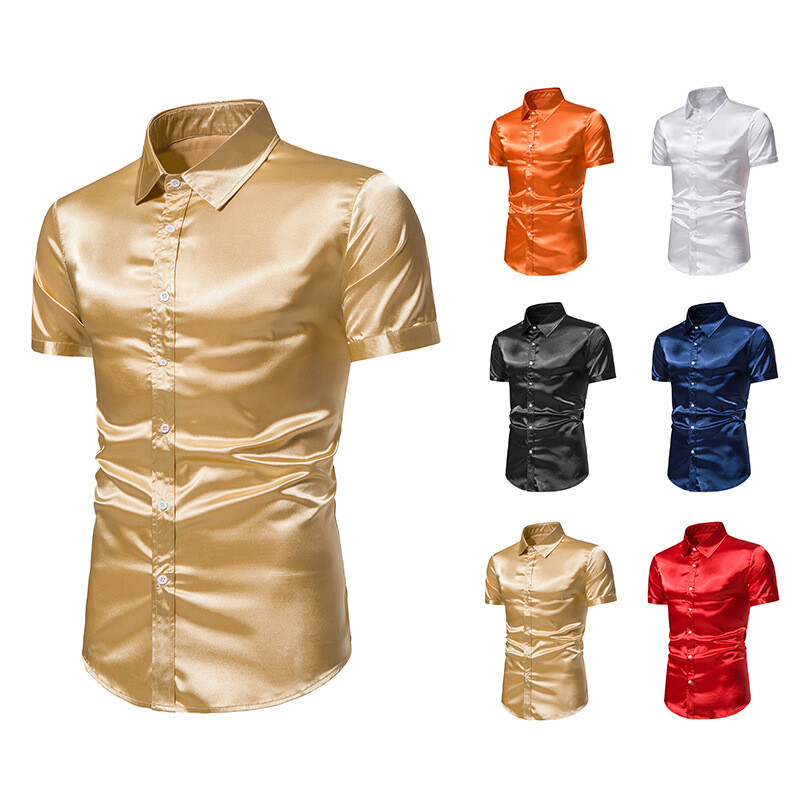 Men Faux Silk Satin Glossy Tops Short Sleeve Shirt Fit Button Stage Costumes Top