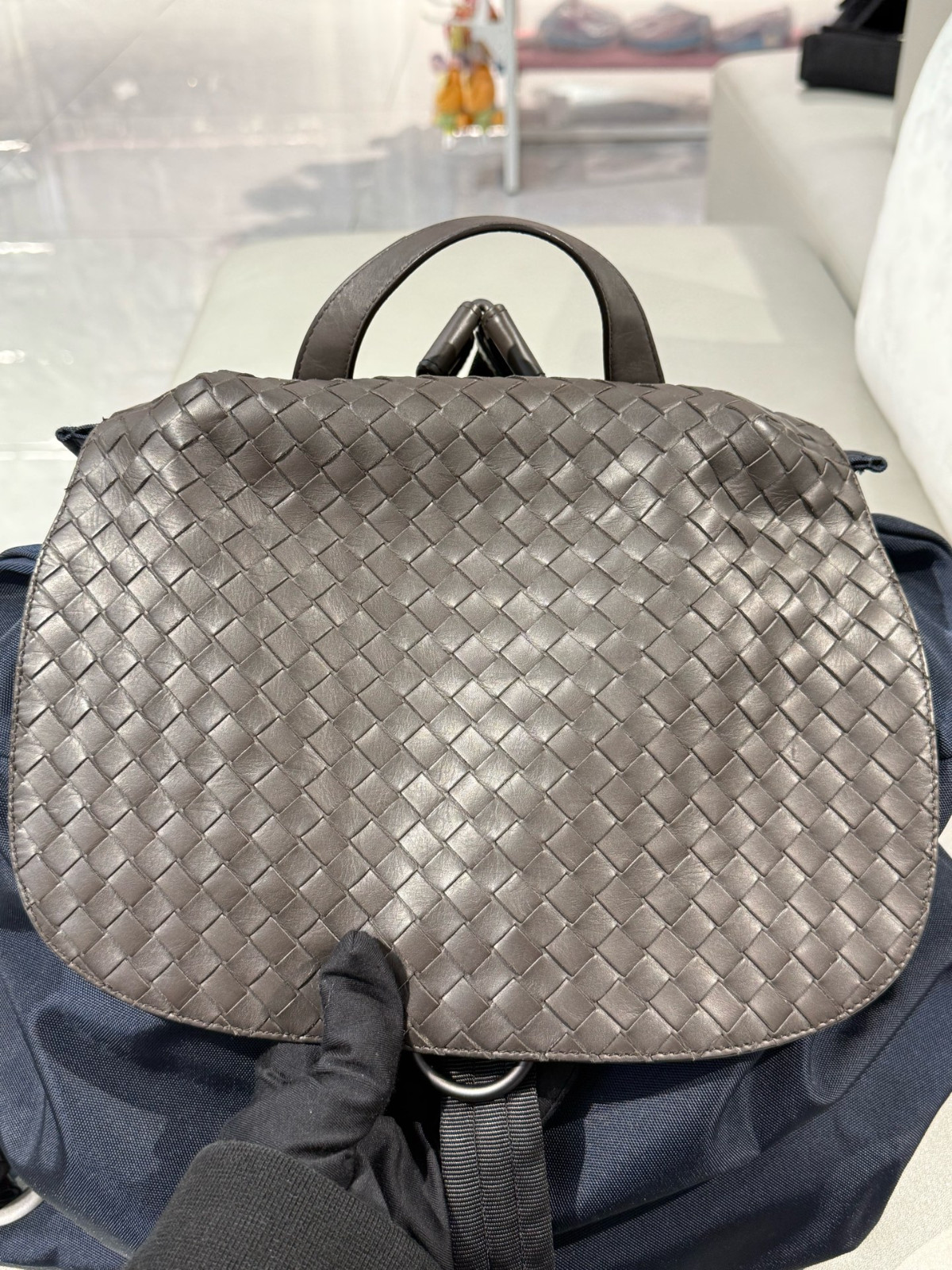 Authentic Bottega Veneta Intrecciato Leather and Nylon Backpack Intrecciato