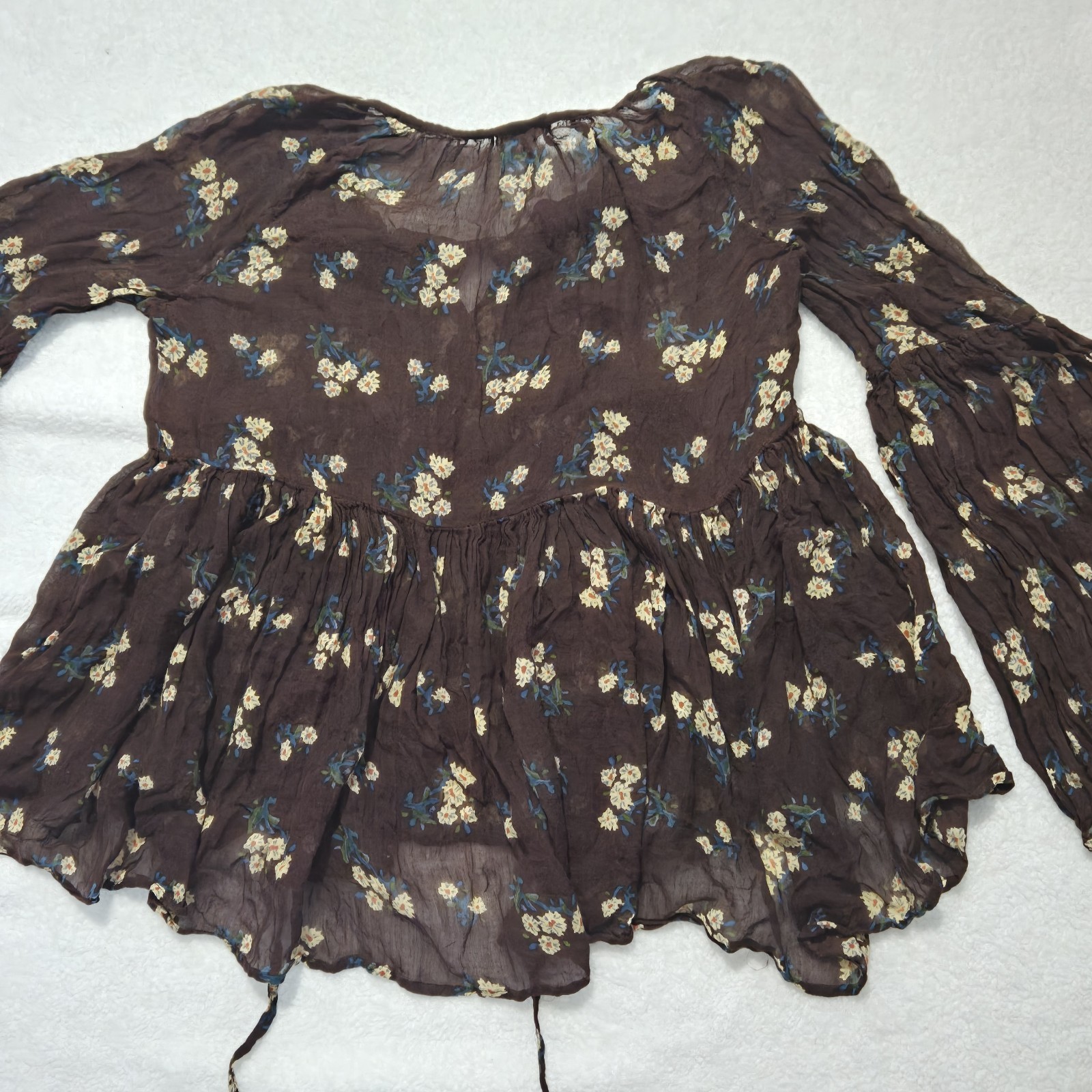 Natural Life Floral Boho Babydoll Top Size S Brown Peasant Puff Sleeve Cottage