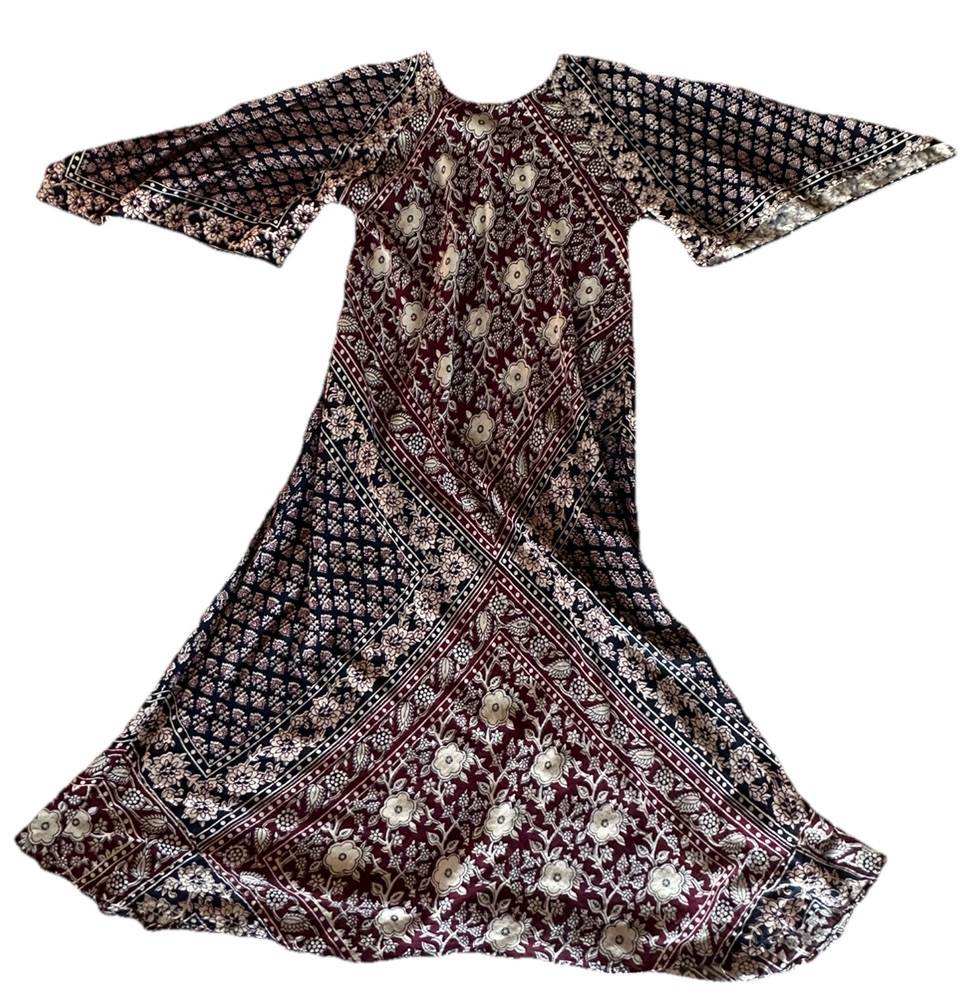 Vtg KAISER Caftan 70s Indian Cotton Floral Print Maxi Dress OS Angel Sleeve GUC