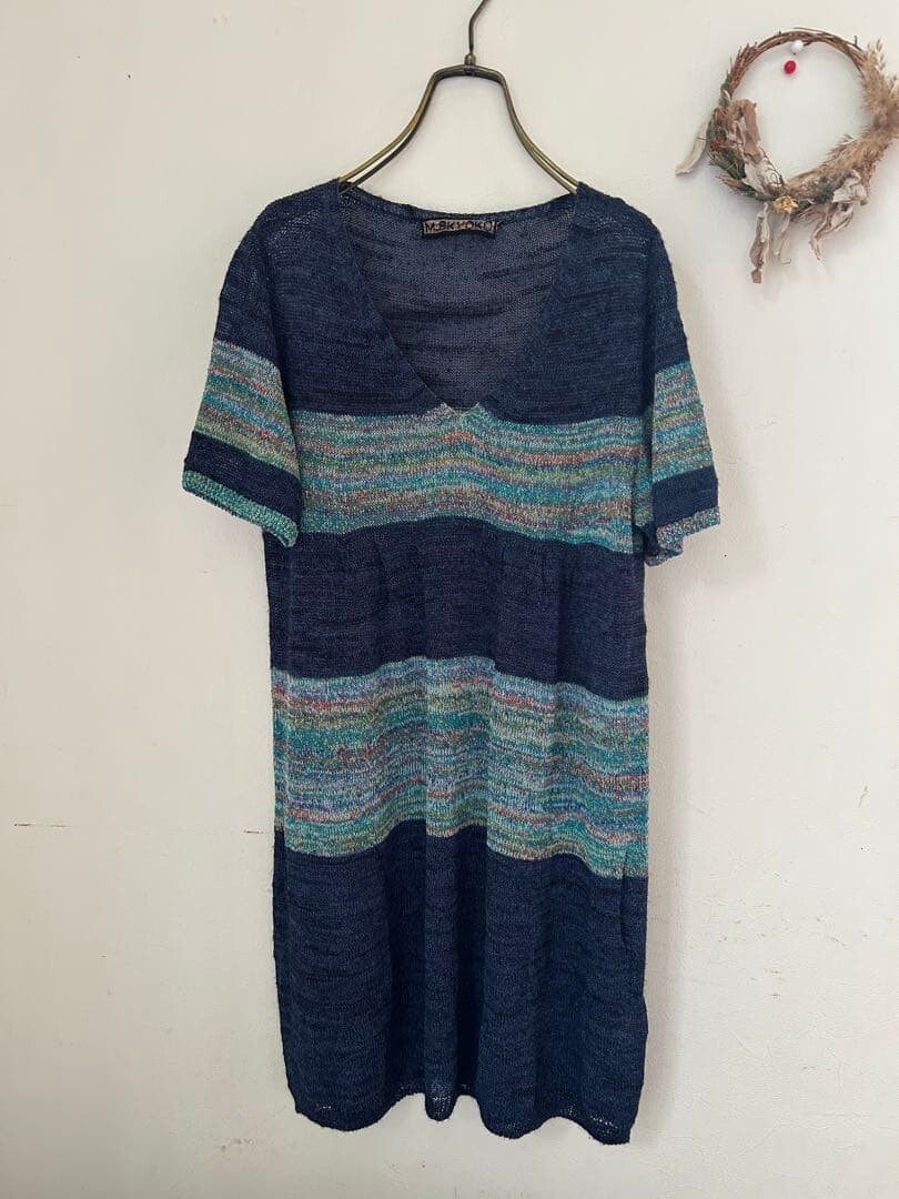 M.&KYOKO V Neck Multicolor Stripe Knit Dress Navy Free Size Rayon Paper Auth