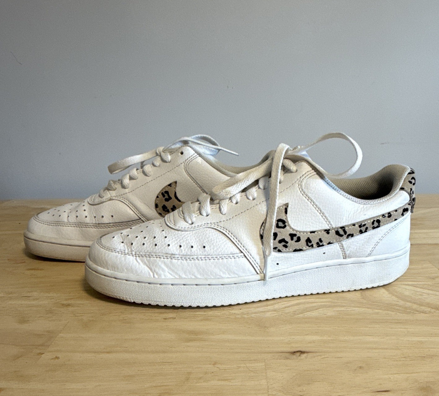 Nike Court Vision Low Top Sneakers White/Desert Sand/Black Leopard Swoosh