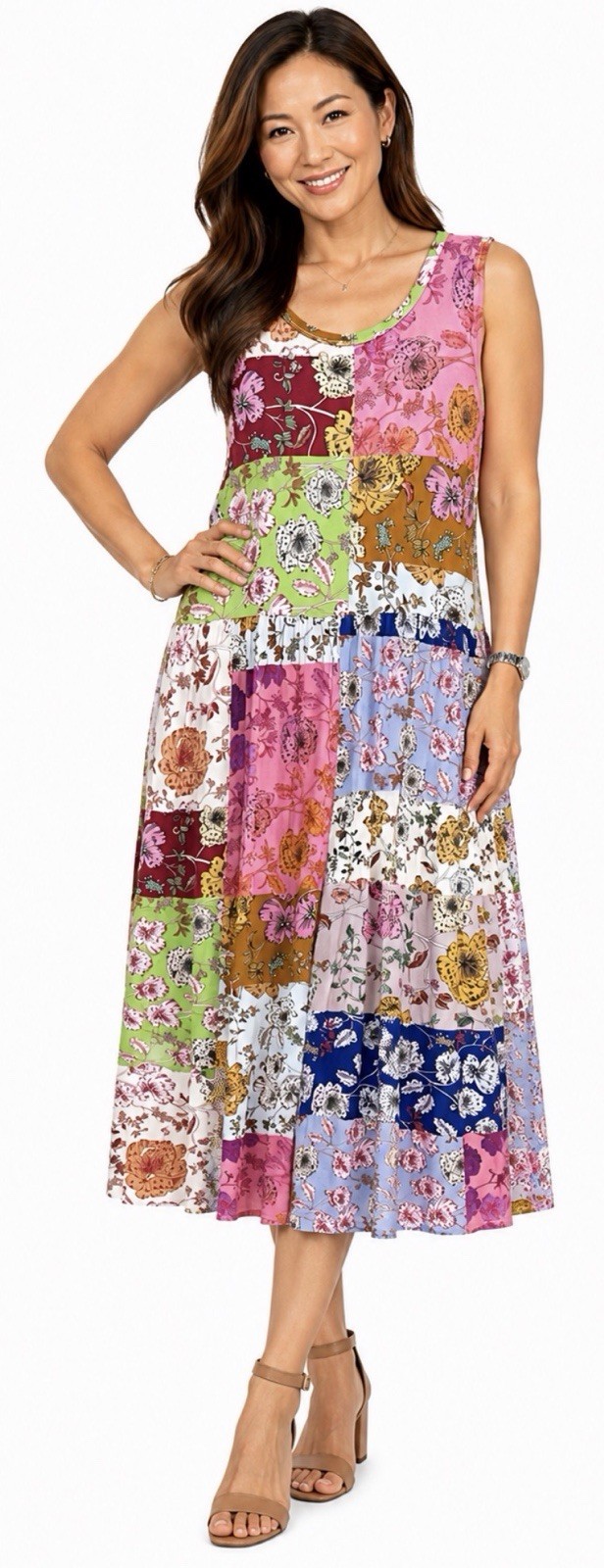 JOHNNY WAS Cosmo Easy Fit Floral Patchwork Midi Dress Women’s XS Boho Bohemian
