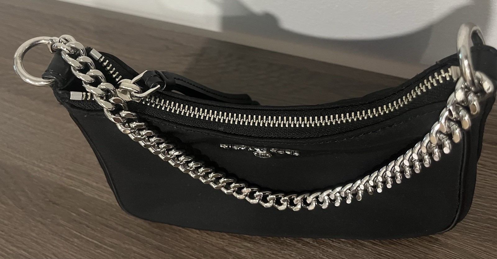 Michael Kors Black Small Crescent Shoulder Bag Silver Chain Strap Zip Detach