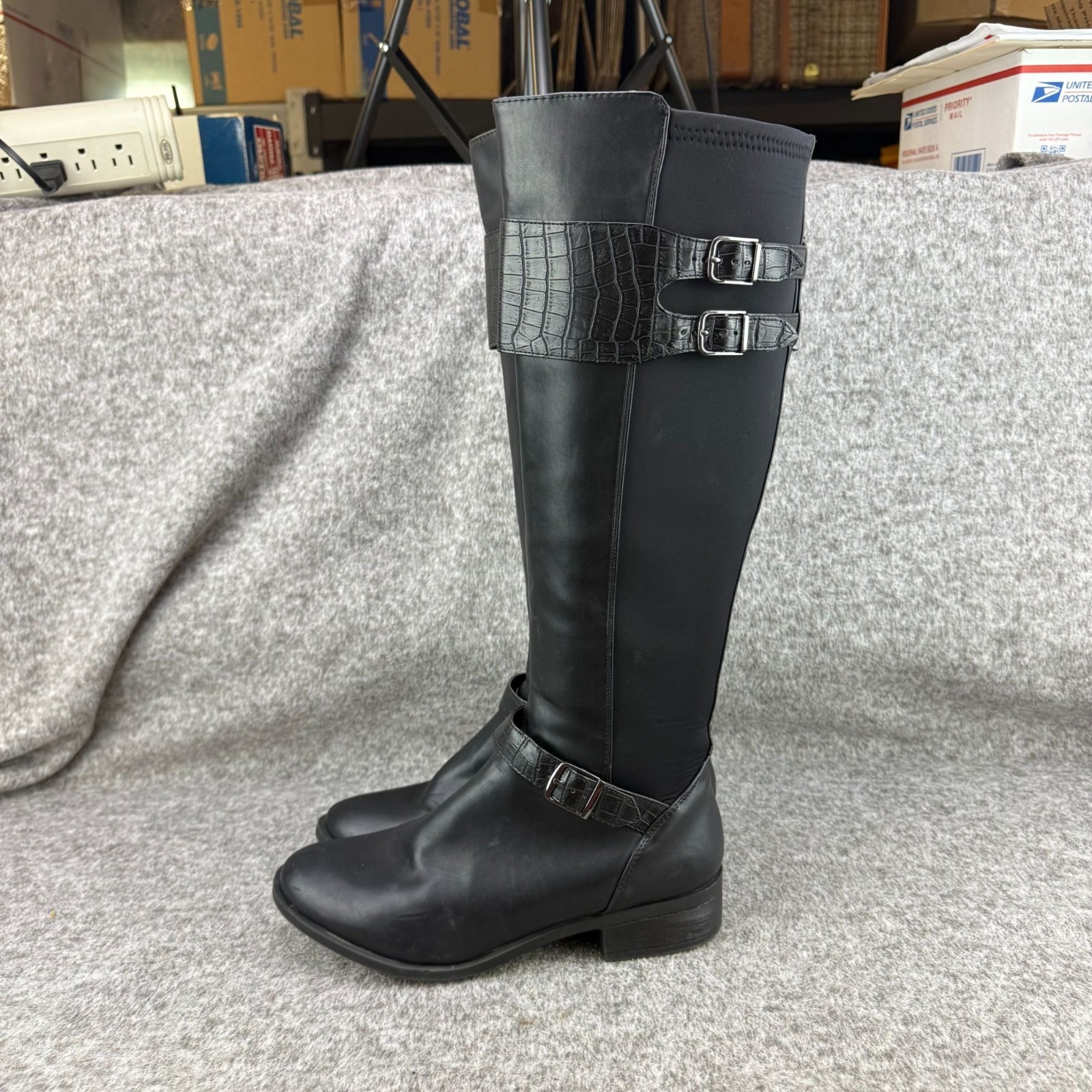 ✅Womens 9M Nicole Tess Black Knee-High Riding Boots Side-Zip Double Buckle Strap