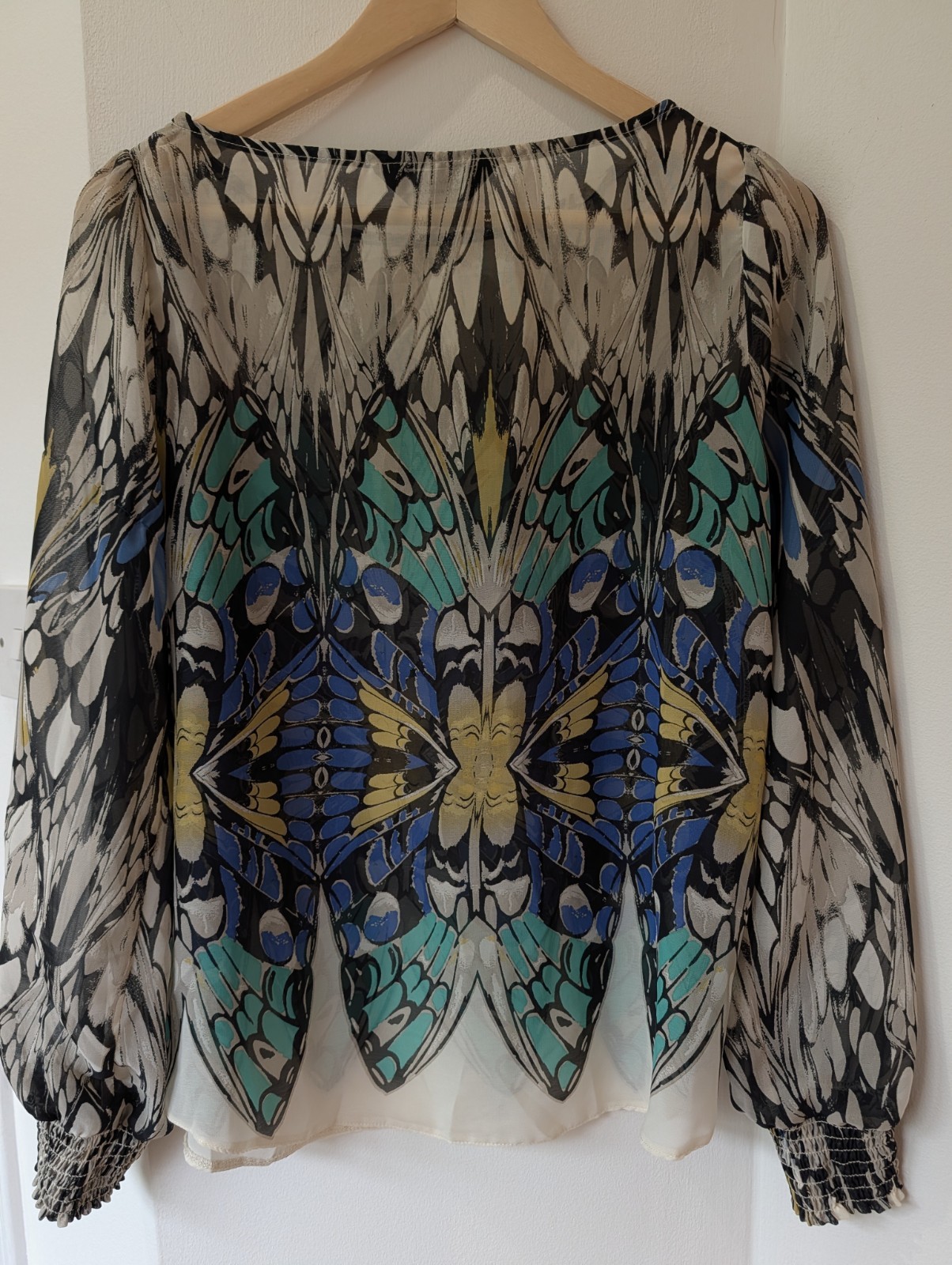 Dorothy Perkins Butterfly Print Statement Blouse Size 12 Sheer Top Boho