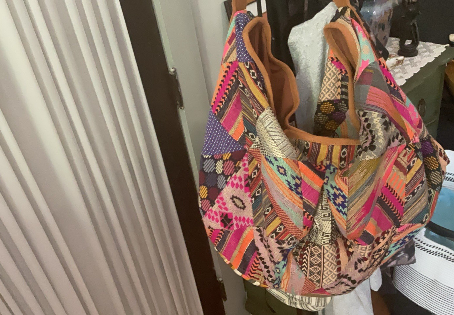 Women’s Multicolor Geometric Tribal Shoulder Bag with Tan Shoulder Strap