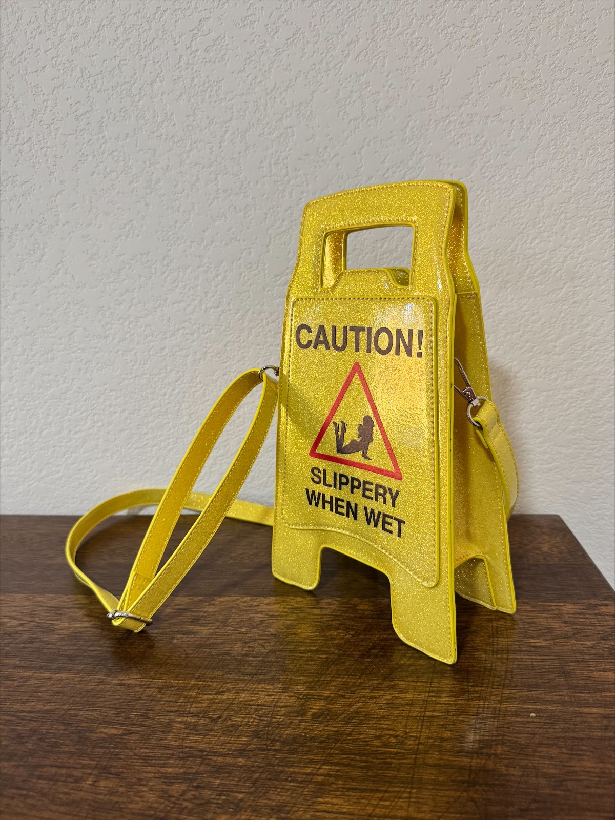 Dolls Kill Glitter Caution Slippery When Wet Crossbody Purse Yellow Novelty Bag