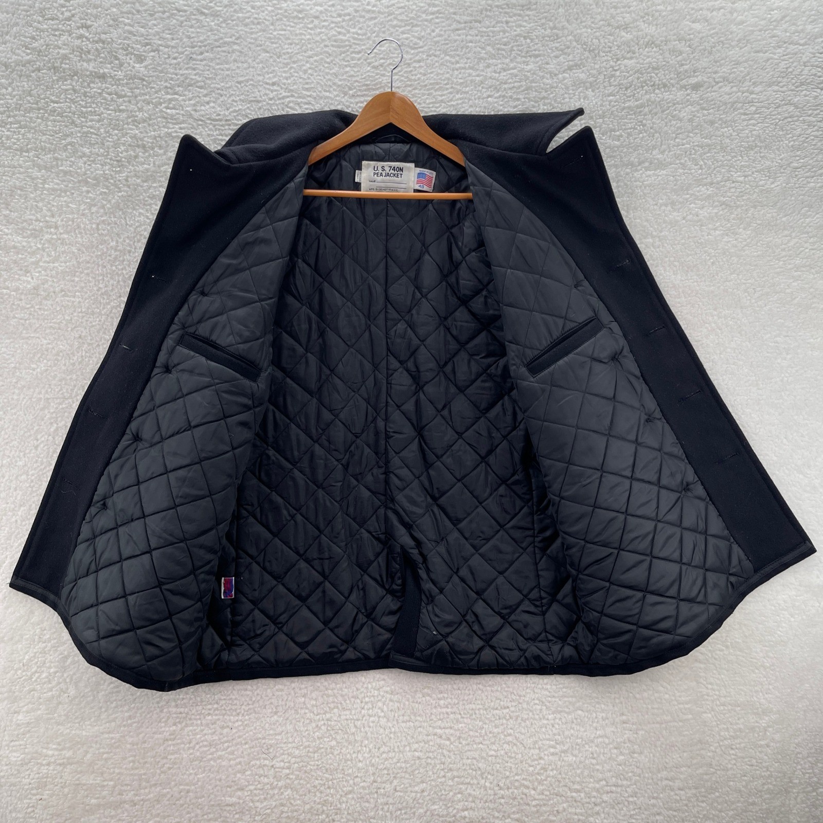 Schott Peacoat Mens 48 Black Wool Navy Made in USA Nautical Double Breasted