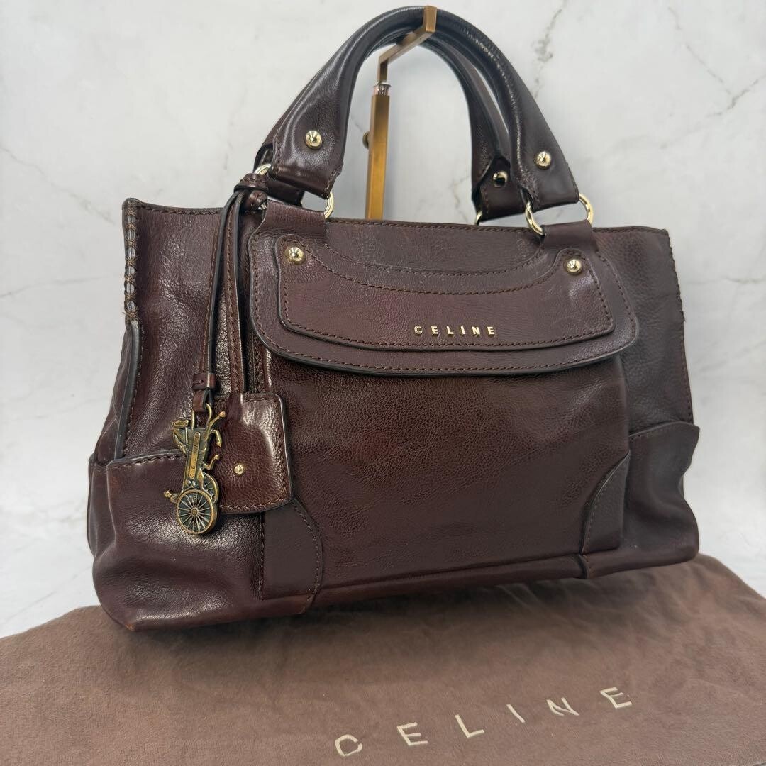 CELINE Boogie Bag Brown Leather Horse Carriage Charm Handbag Vintage Dust Bag