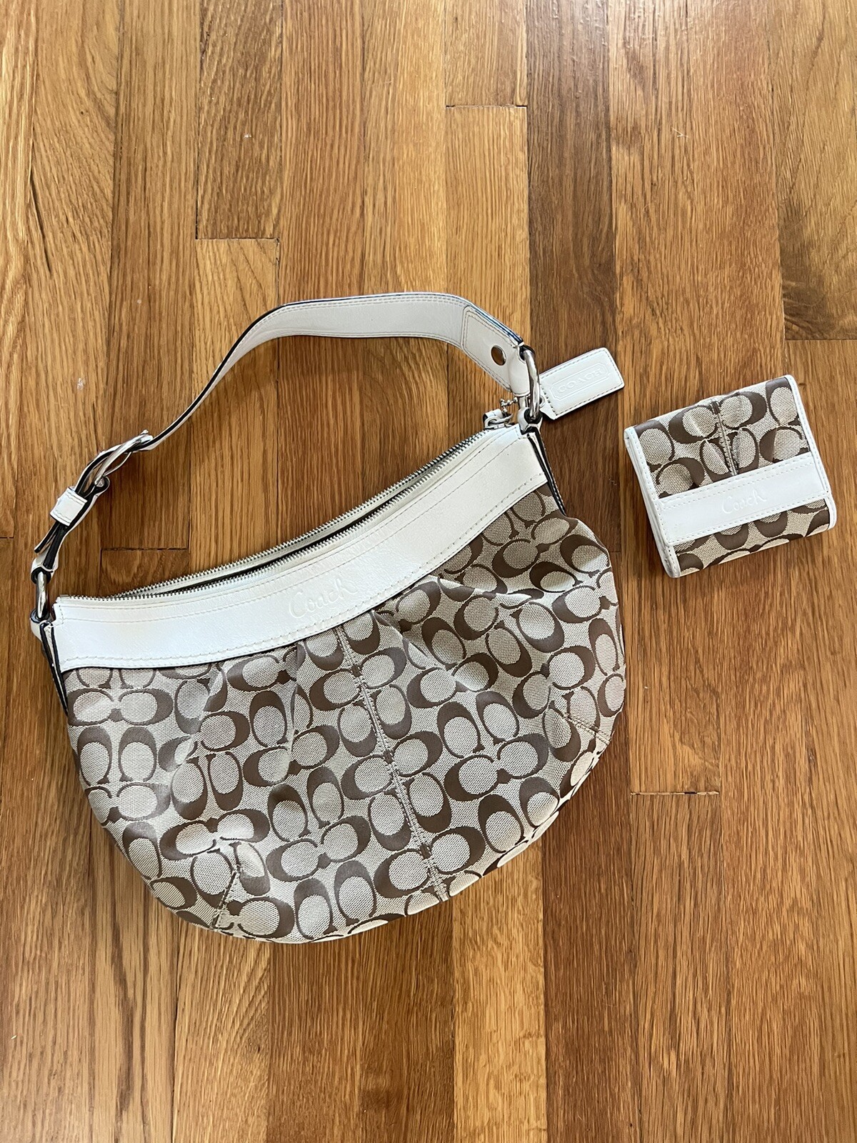 Coach Logo CC Monogram Luxury Handbag Tan White Shoulder Bag Hobo Style w Clutch