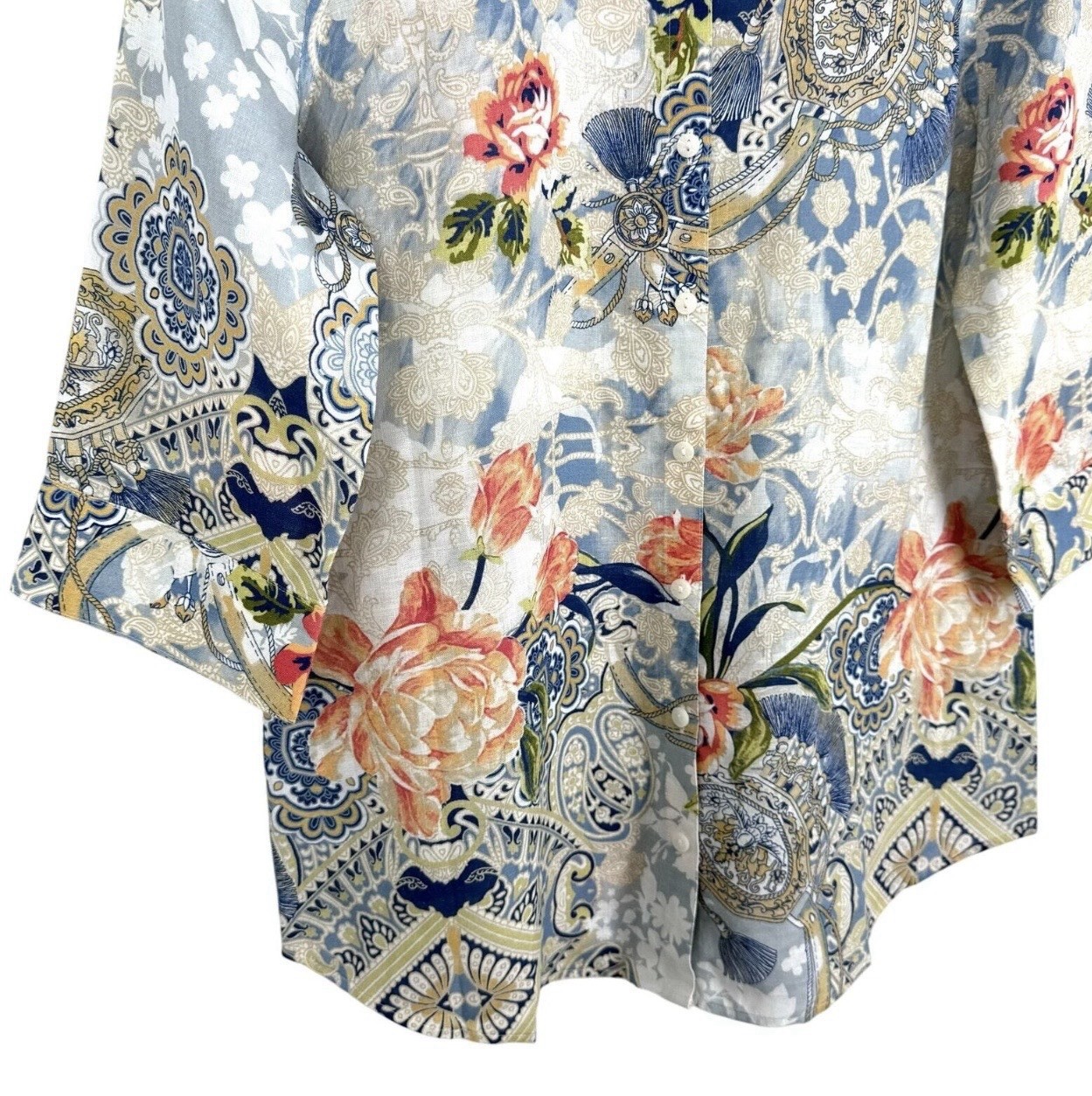 Chico’s Linen Blend Button-Up with Soft Blue Floral Print