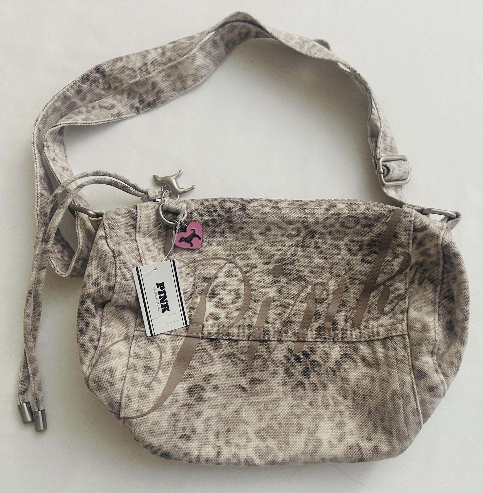 VS PINK Beige Leo Haze Leopard Print Canvas Rolled Duffle Shoulder Bag
