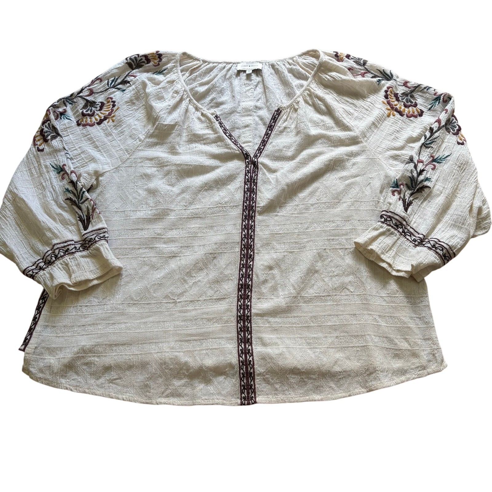 Lucky Brand Floral Embroidered Cream Peasant Top BOHO Cottage Tunic Women’s XL