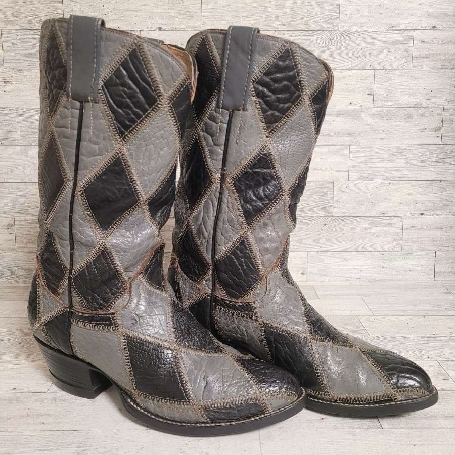Men’s Cowtown Patchwork Black Grey Bullhide Leather Rodeo Cowboy Boots Size 7.5