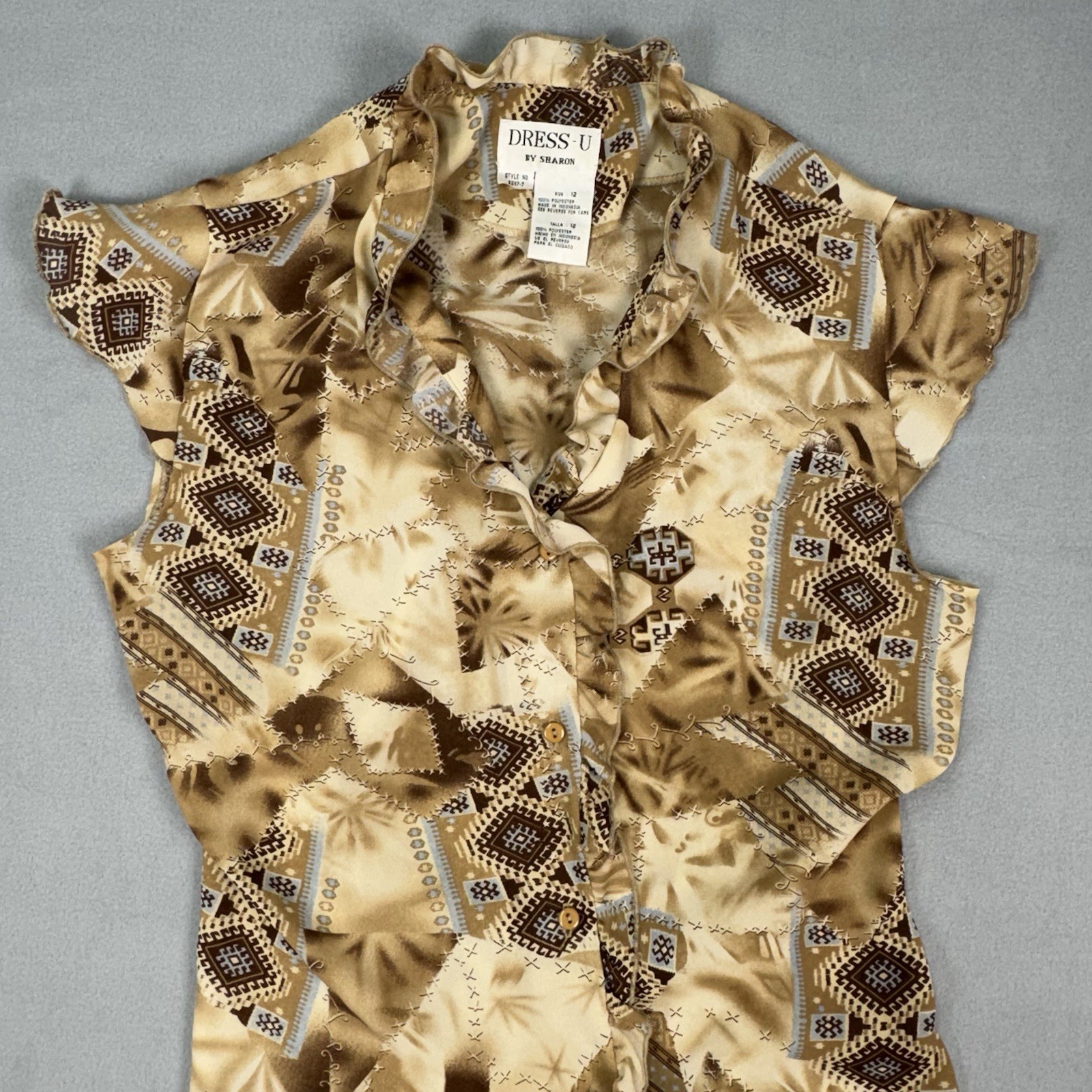 Vtg Y2K Dress-U Sharon Boho Ruffle Blouse Size 12 Tan Geometric Eclectic